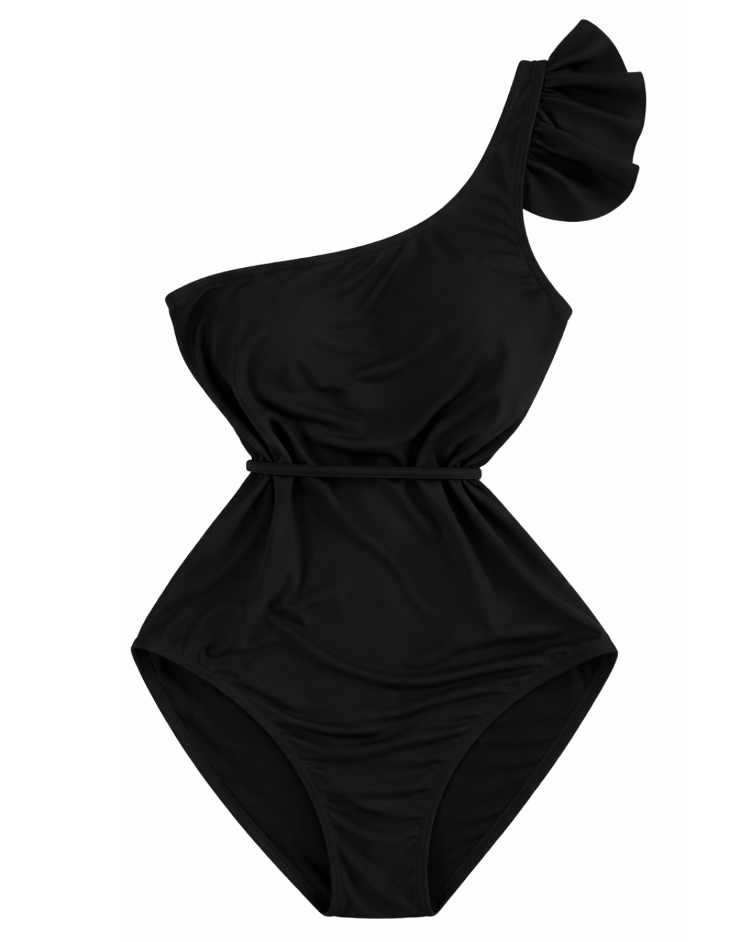 Traje de baño off shoulder de olan en tirante y fajito en cintura. Entrega 2 a 5 días hábiles.