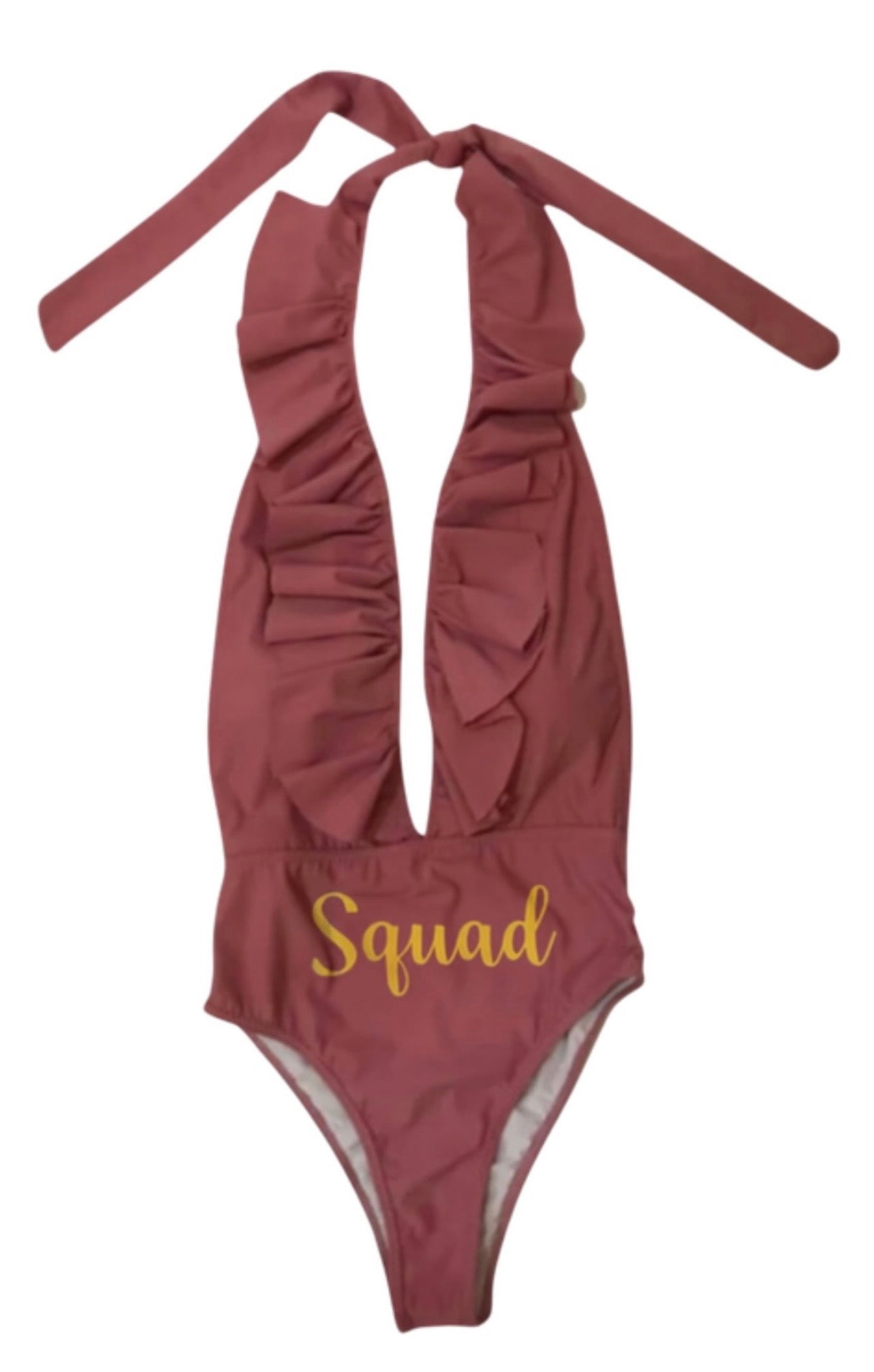 Traje de baño en trikini halter sin espalda con escote pronunciado con olanes y resaque en pompa. Entrega 2 a 5 días hábiles.