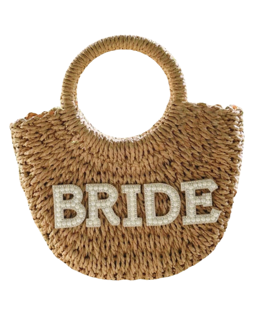 Bolsa de mimbre con asa circular con frase de BRIDE de perlas con cristales. Entrega de 15 a 20 días hábiles.