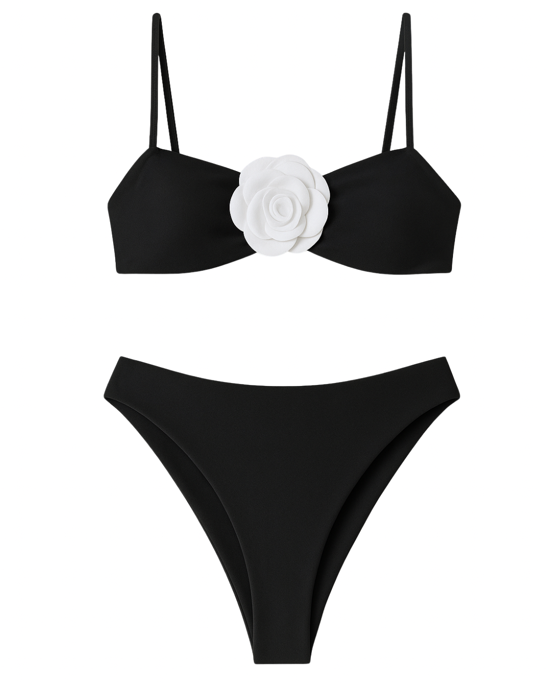 Traje de baño en bikini de bra de tirantes con flor blanca enmedio y calzón de tiro alto con resaque en pompa. Entrega 2 a 5 días hábiles.