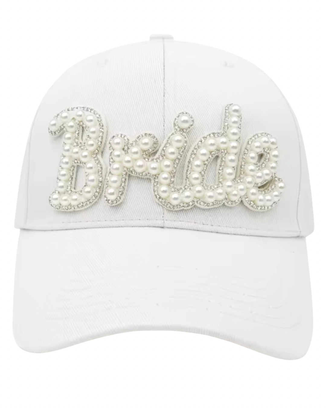 Gorra ajustable con frase de Bride decorada con perlas y cristales. Entrega 15 a 20 días hábiles.