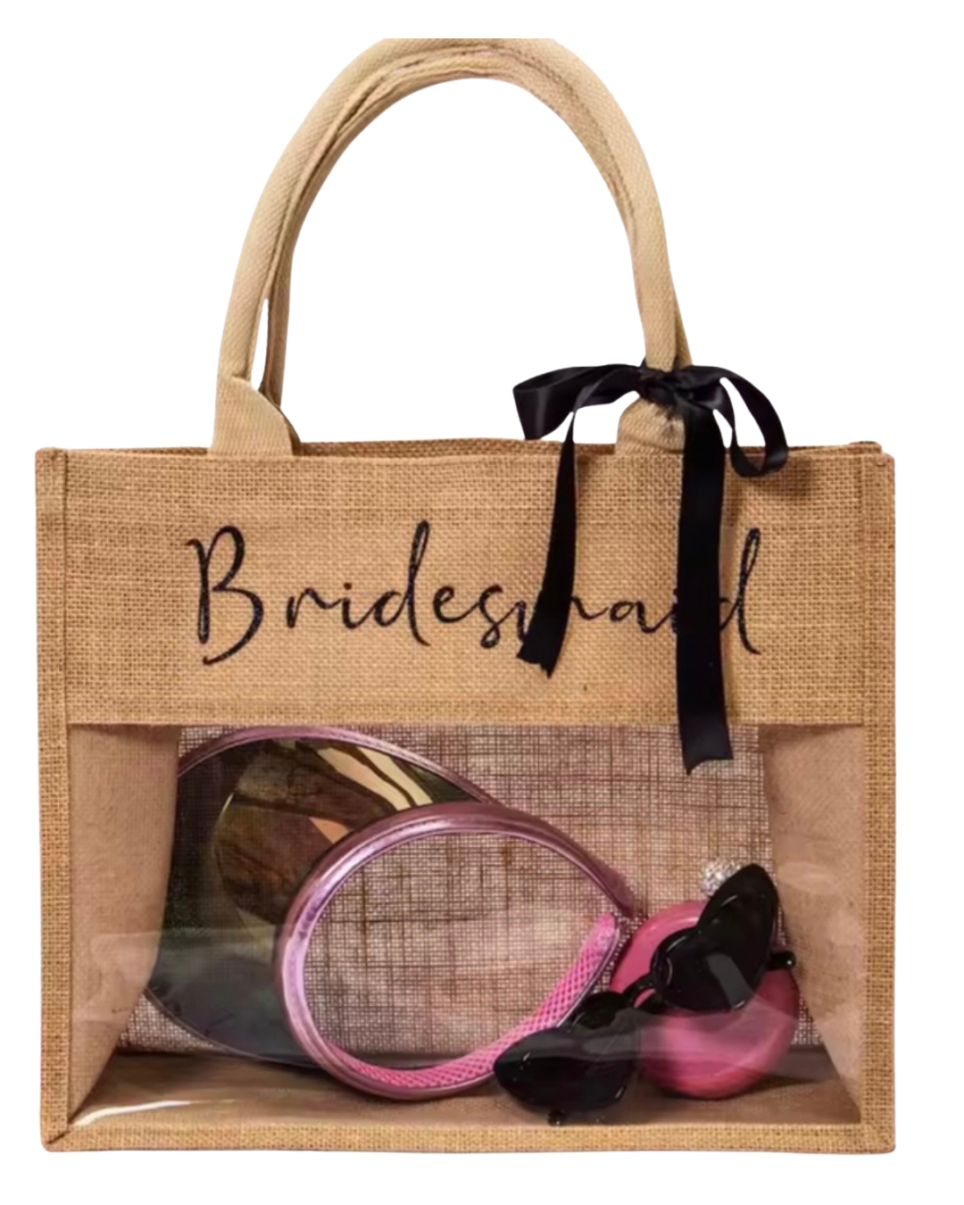 Bolsa tote bag de yute con transparencia enfrente con frase y listón de moño (no incluye accesorios). Entrega de 15 a 20 días hábiles.