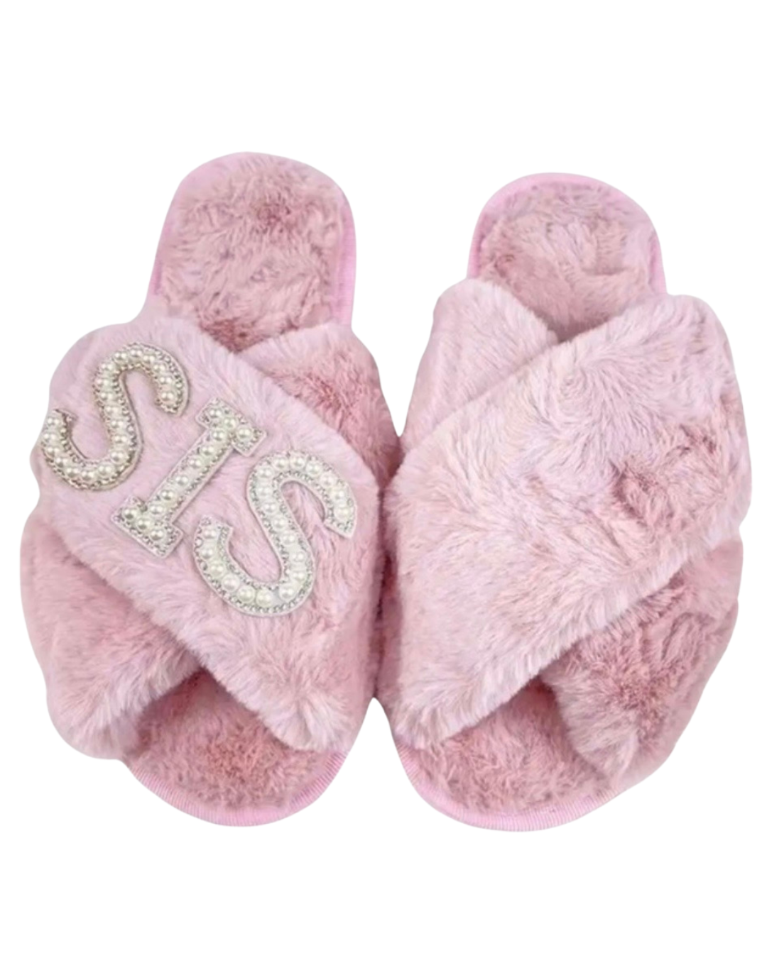 Pantunflas de peluche cruzadas de Bride e iniciales de invitadas. Entrega de 15 a 20 días hábiles.
