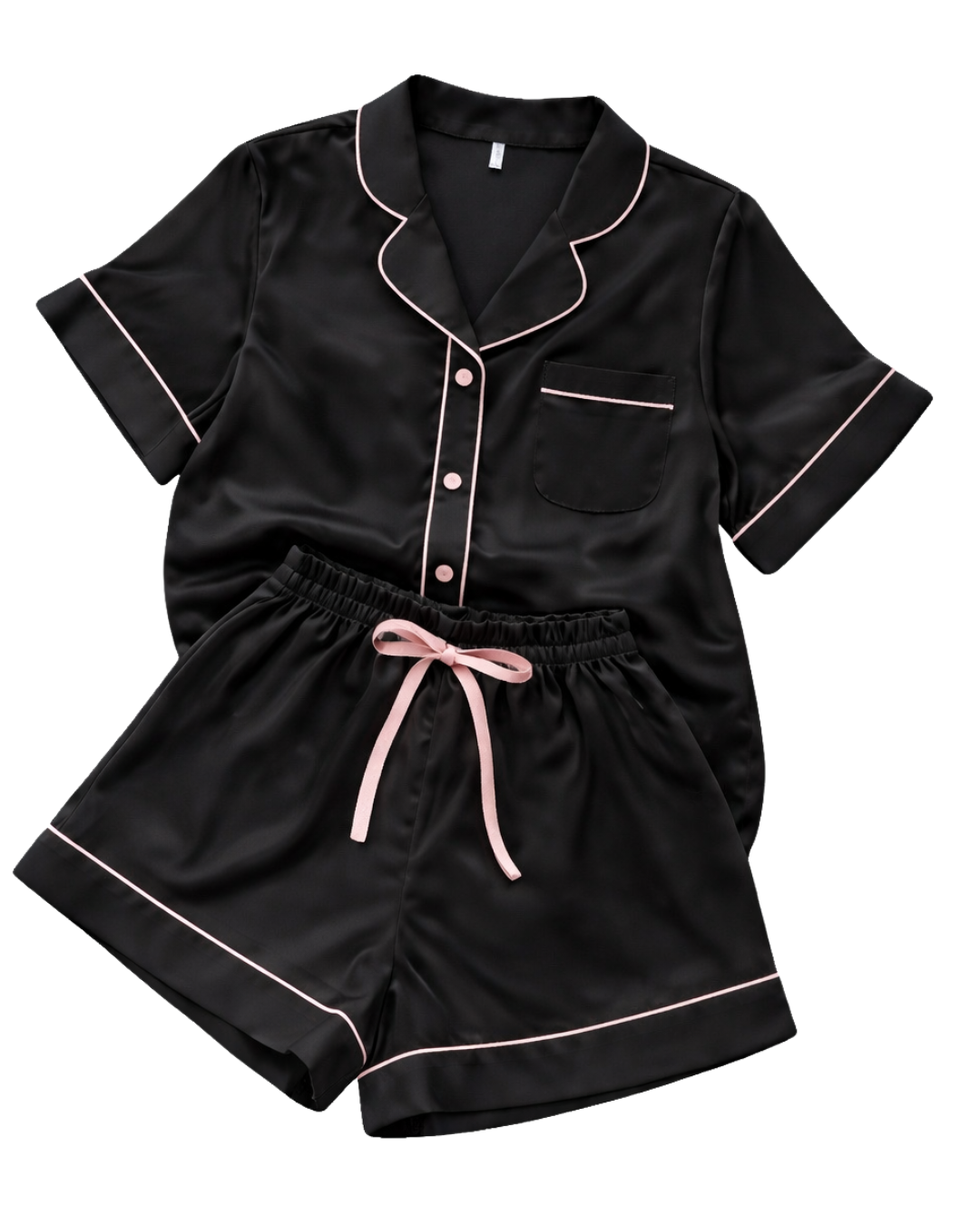 Pijama de satín de camisa y short con vistas palo de rosa y moñito en cintura. Entrega de 2 a 5 días hábiles.