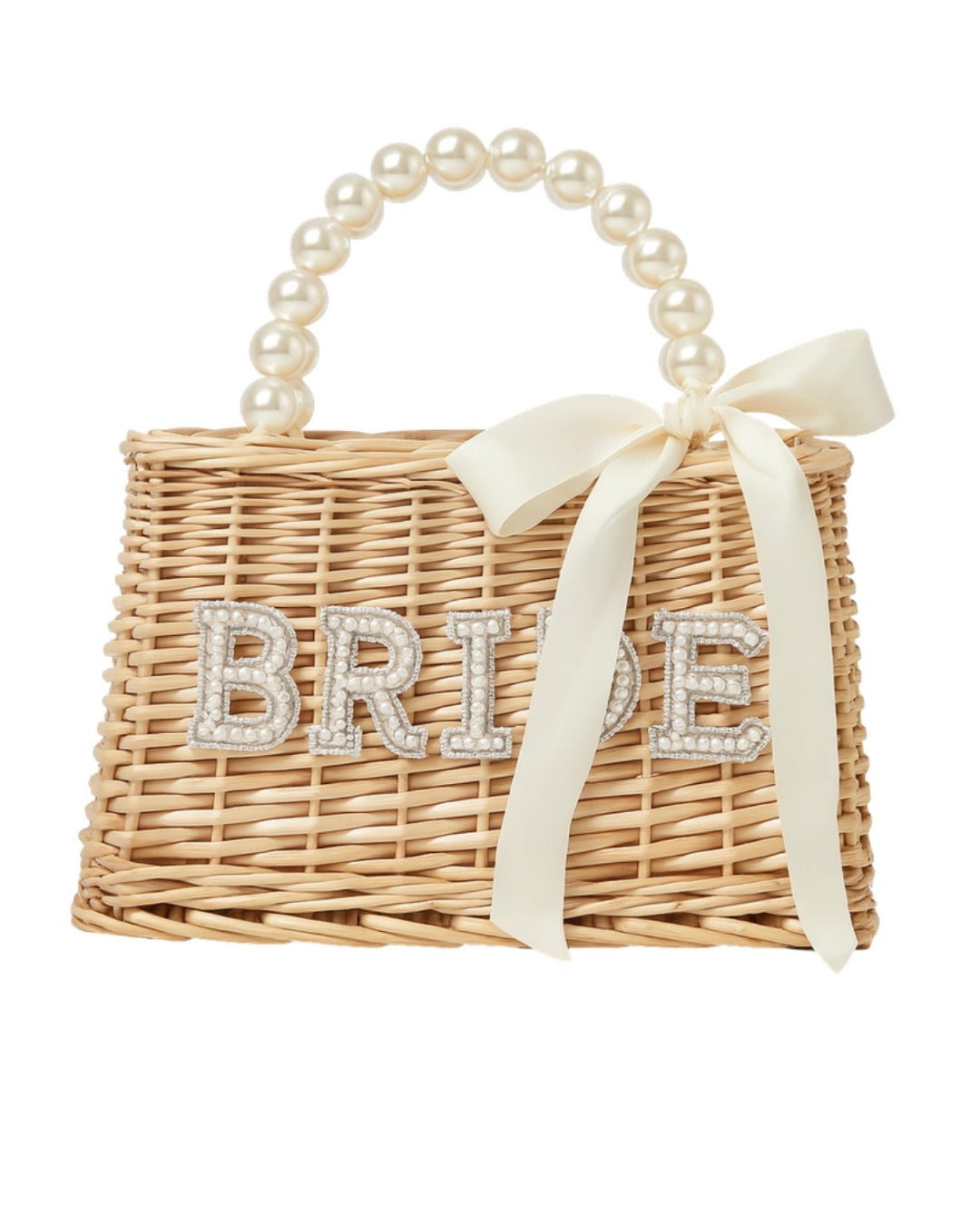 Bolsa de palma con asa de perlas con frase de BRIDE de perlas y cristales y listón de moño. Entrega de 15 a 20 días hábiles.