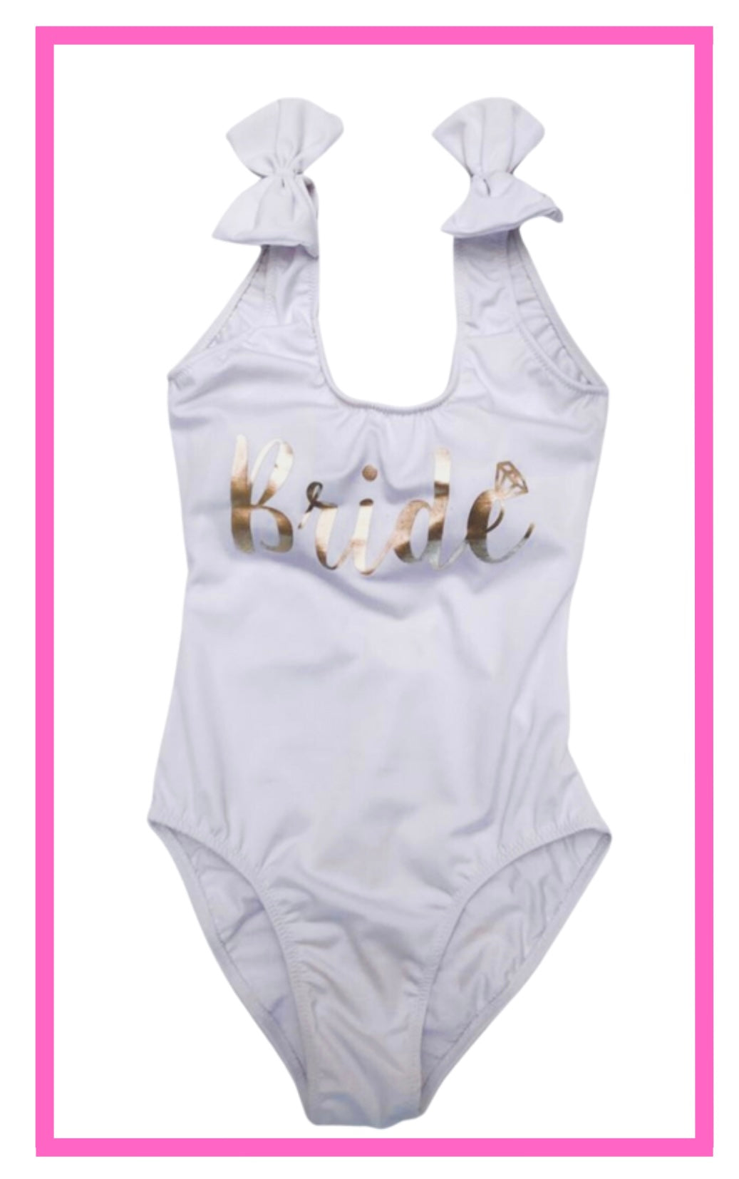 ENTREGA INMEDIATA. Traje de baño con moños en tirantes color blanco con frase Bride anillo color dorado.
