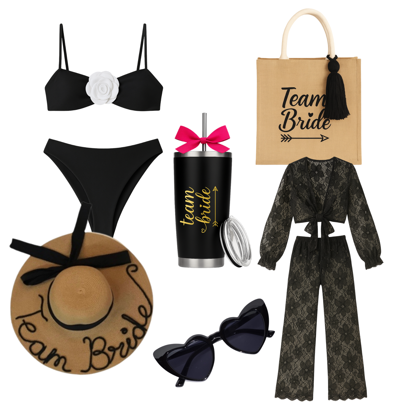 Kit de traje de baño, conjunto, bolsa tote bag, sombrero, termo acero inoxidable y lentes.