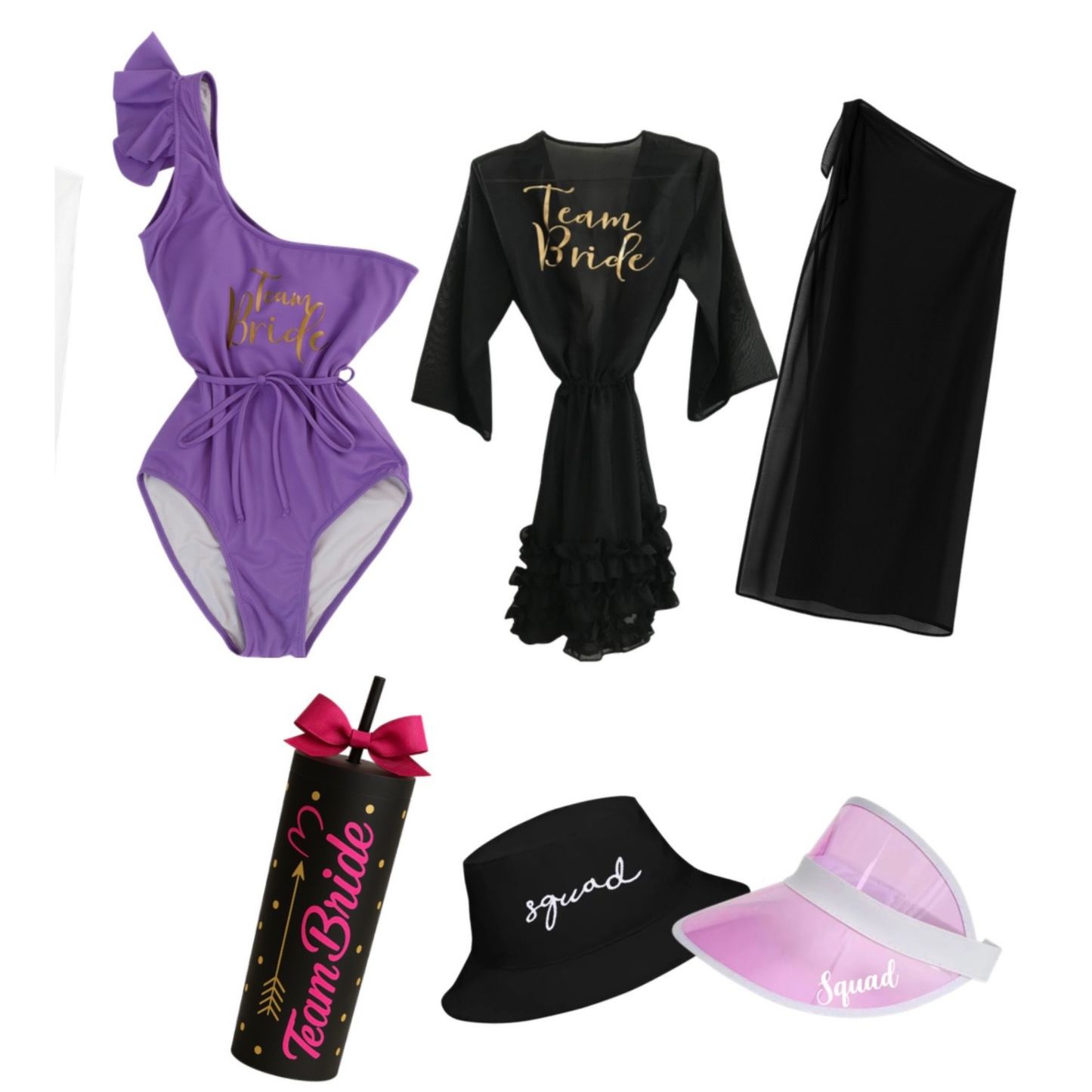 Kit de traje de baño, salida de baño o pareo, vaso acrílico y vicera o bouquet hat.