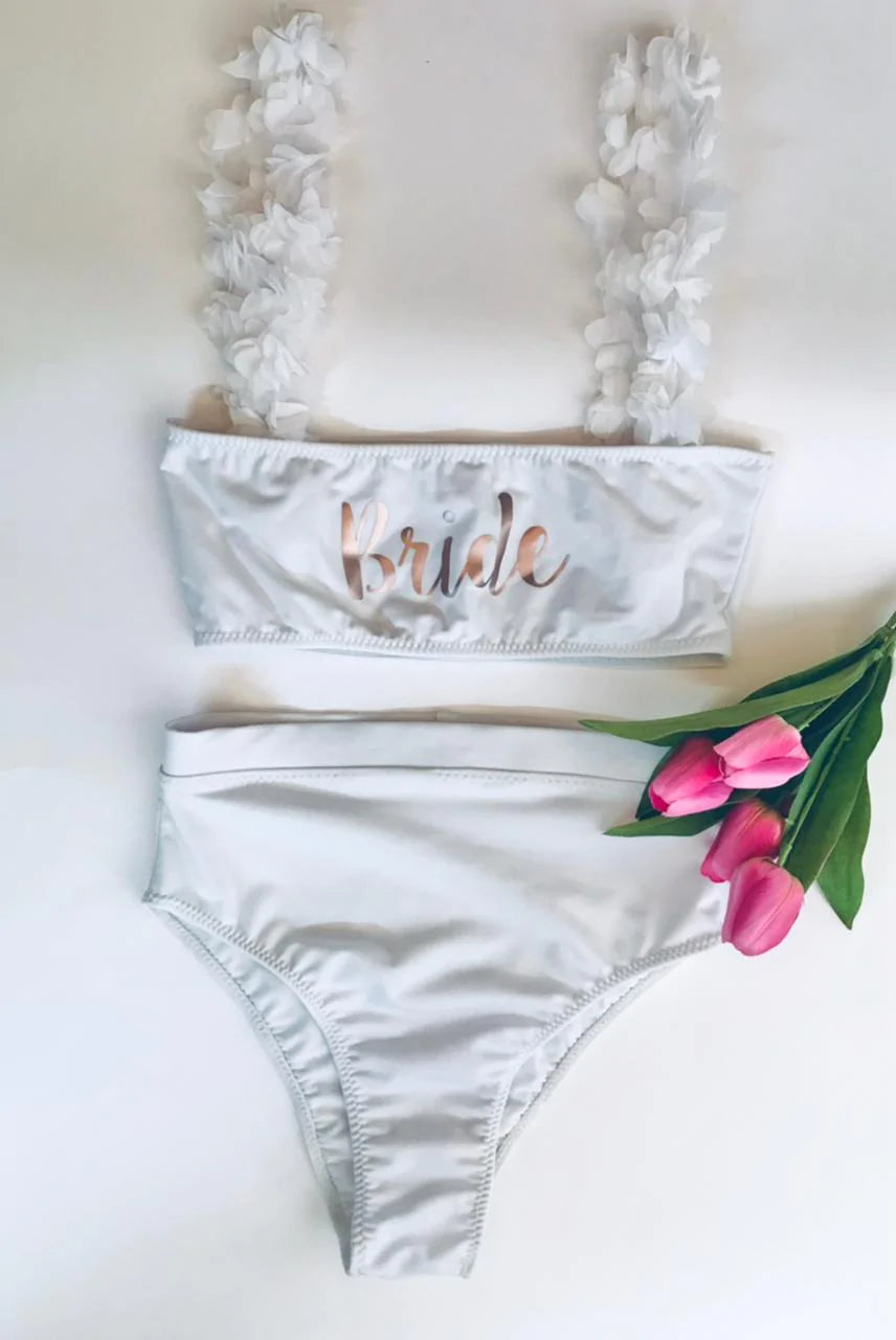 *TELAS GLITTER FORMA 6 FLORES* Bikini de 2 piezas con tirantes de aplicación de flores