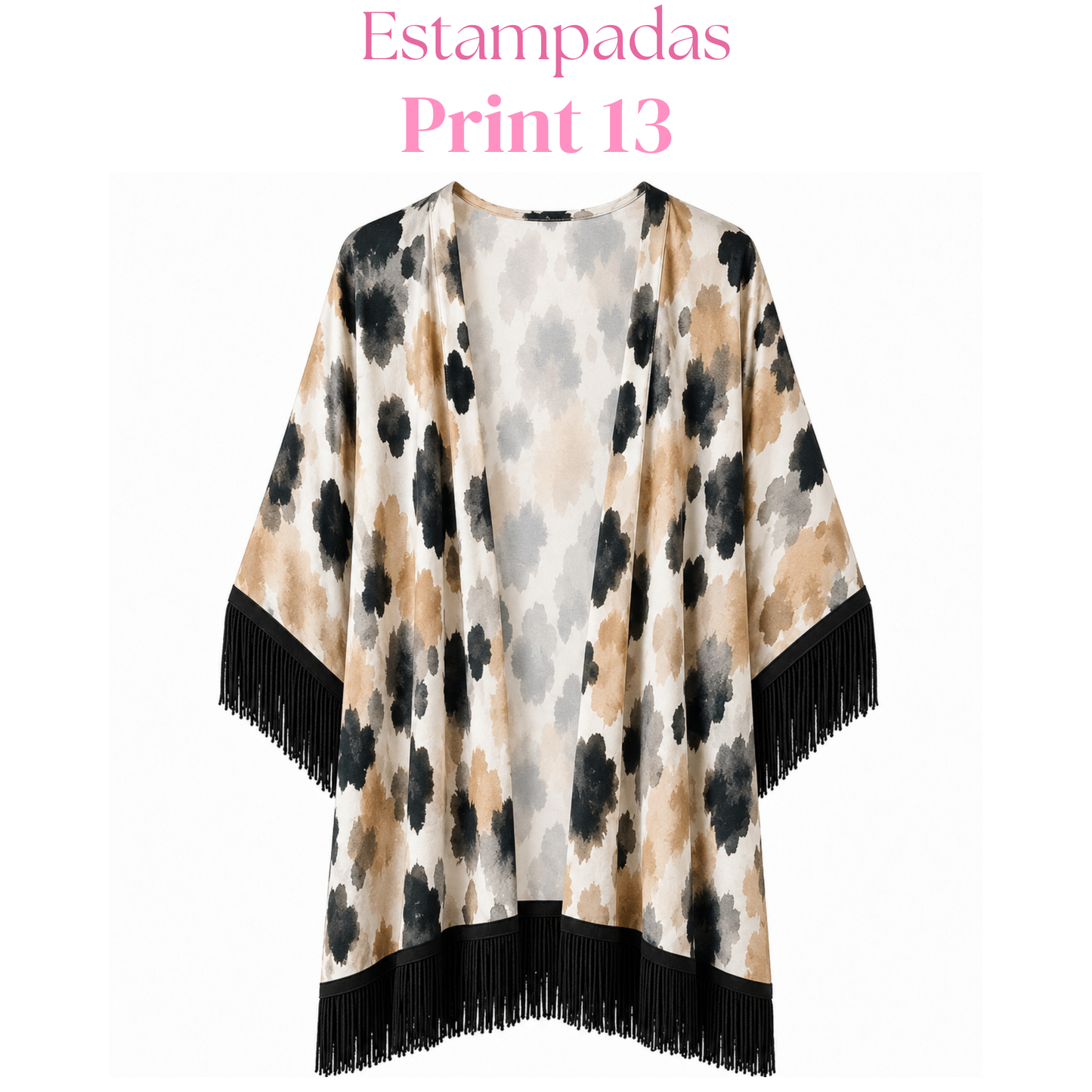 Salida de baño en kimono con o sin frase con flecos en mangas y bastilla.
