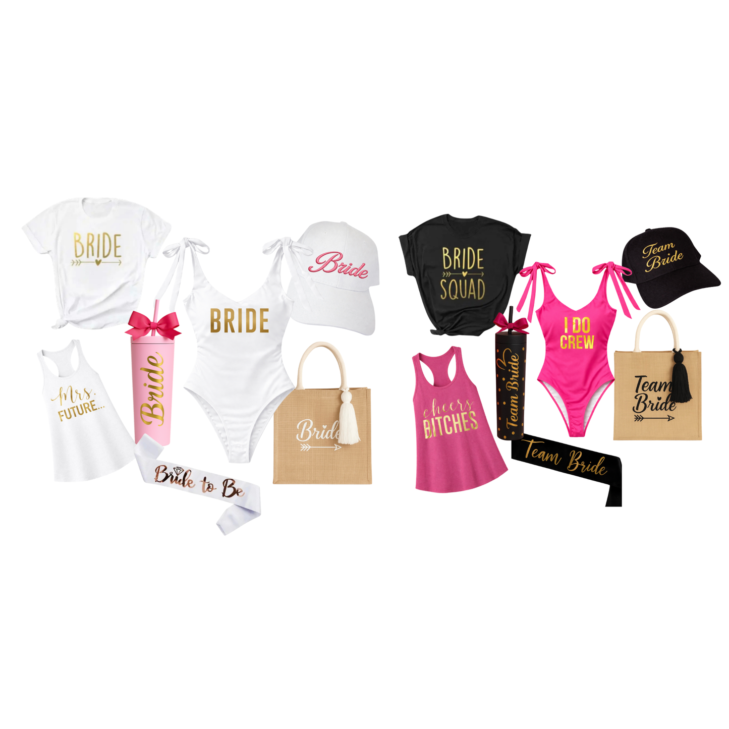 Kit de traje de baño, playera o tantop, bolsa tote bag, gorra bordada, vaso acrílico y banda.