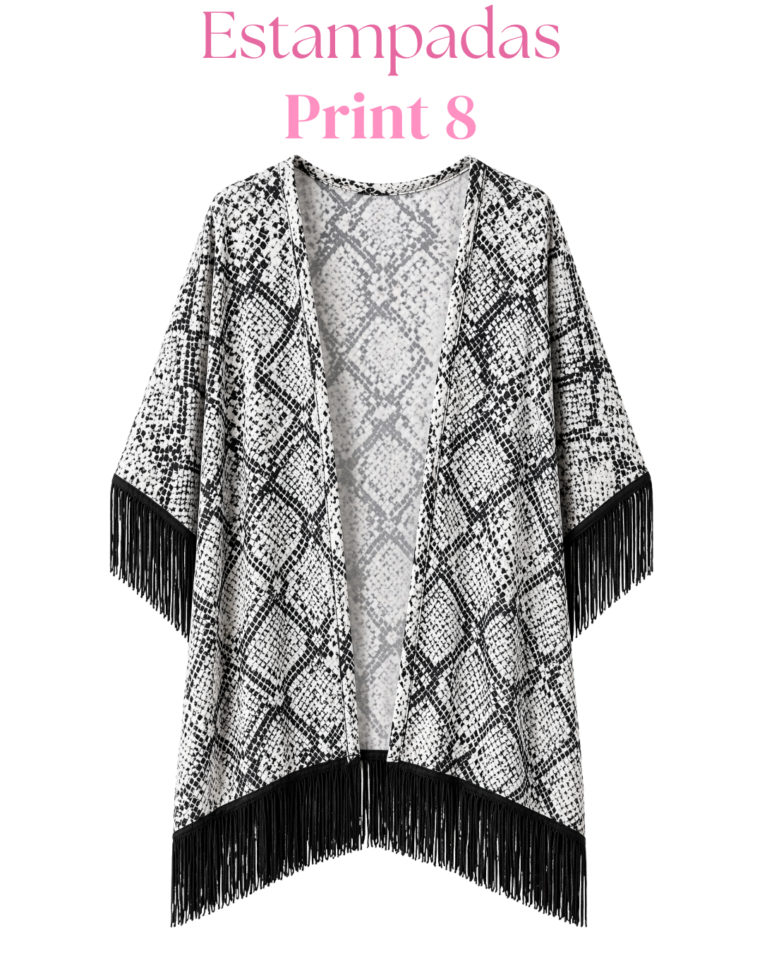 Salida de baño en kimono con o sin frase con flecos en mangas y bastilla.