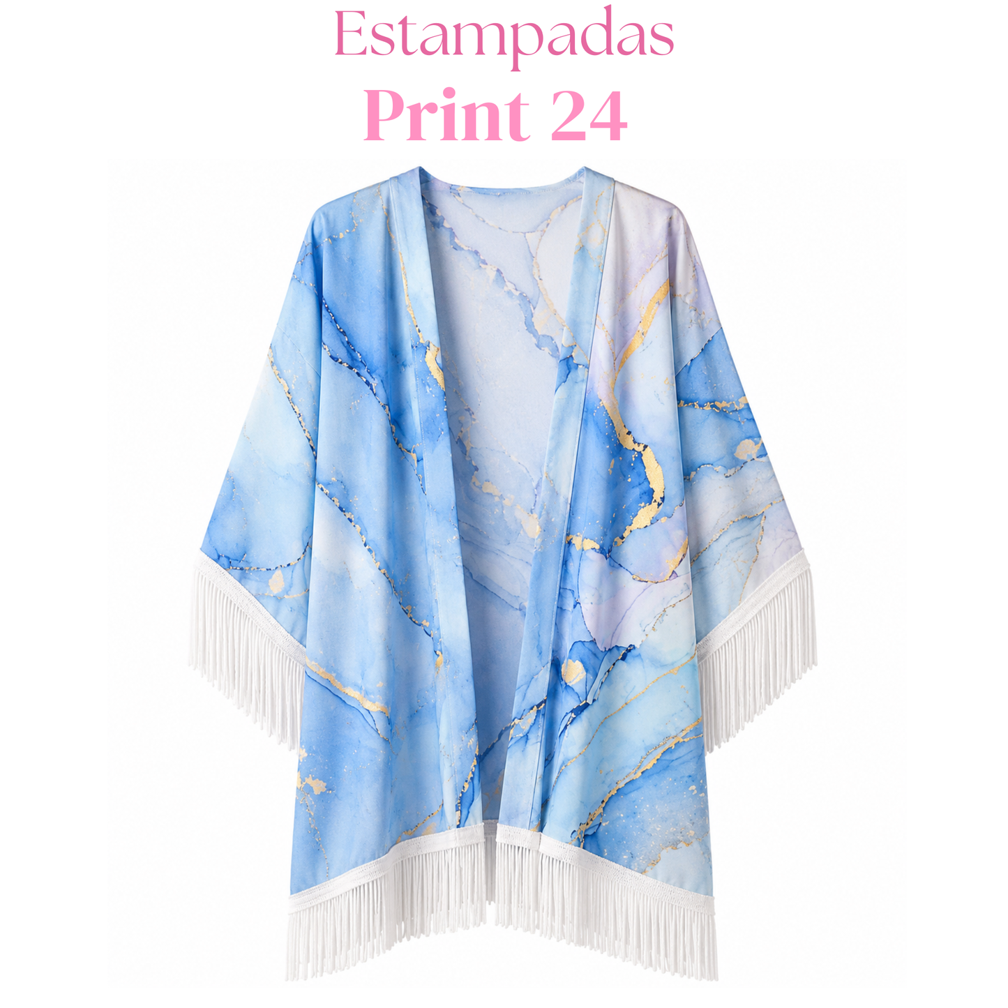 Salida de baño en kimono con o sin frase con flecos en mangas y bastilla.
