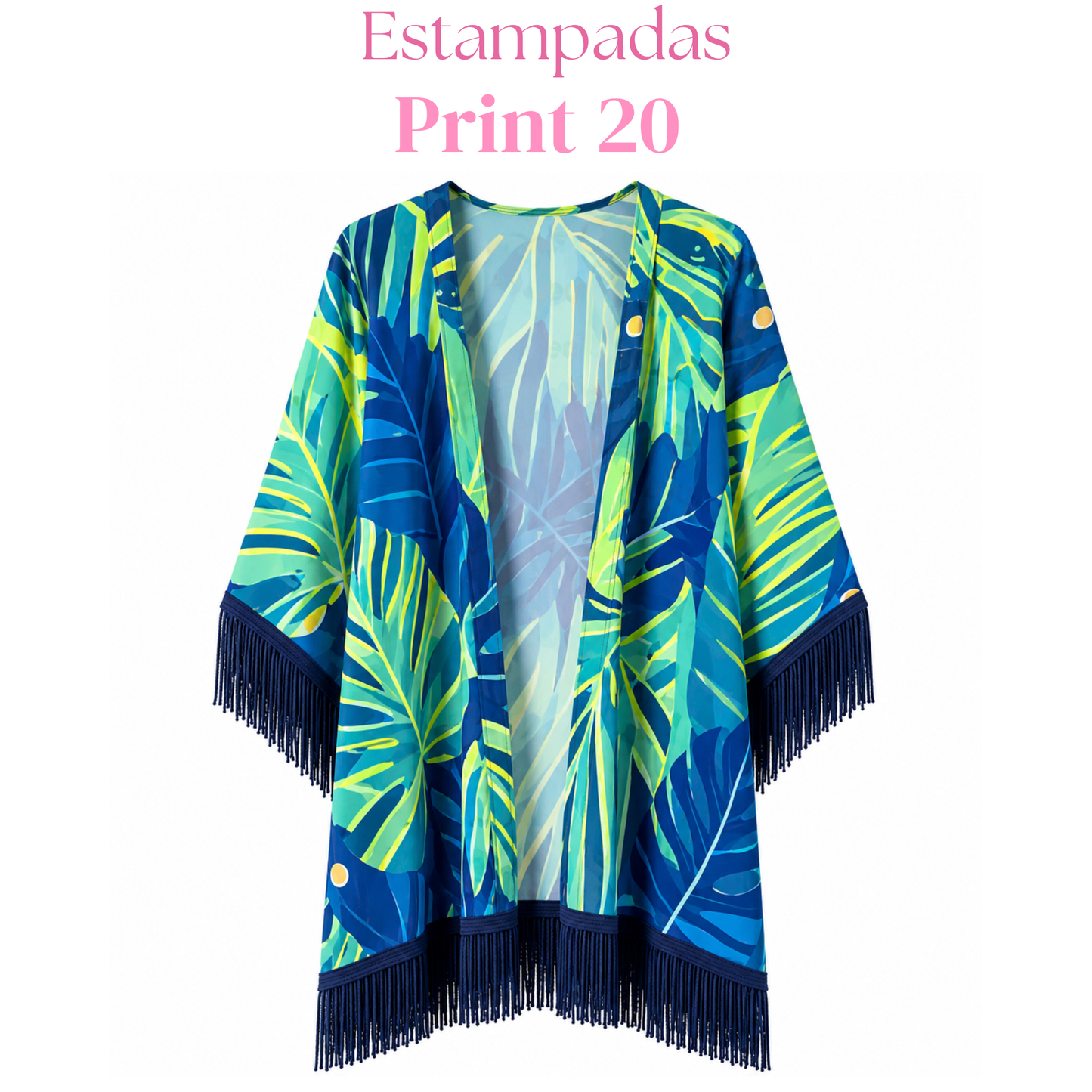 Salida de baño en kimono con o sin frase con flecos en mangas y bastilla.