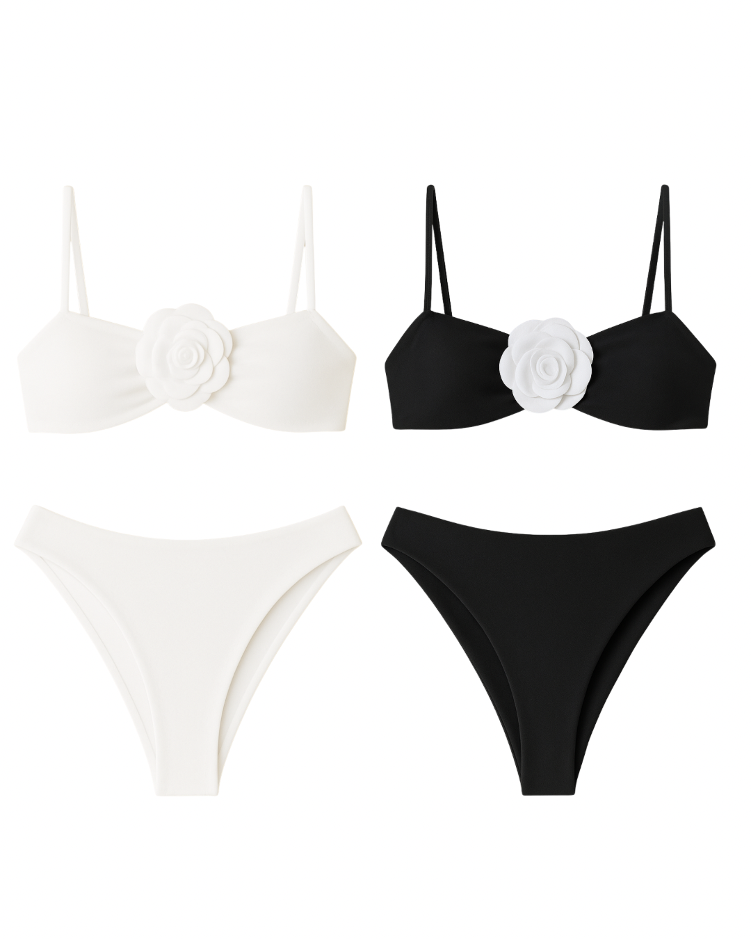 Traje de baño en bikini de bra de tirantes con flor blanca enmedio y calzón de tiro alto con resaque en pompa.                                                       Entrega 2 a 5 días hábiles.