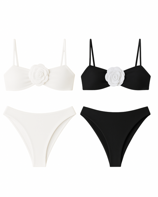 Traje de baño en bikini de bra de tirantes con flor blanca enmedio y calzón de tiro alto con resaque en pompa.                                                       Entrega 2 a 5 días hábiles.