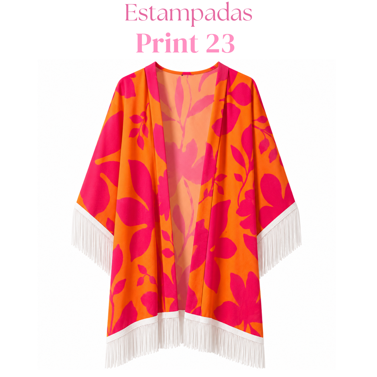 Salida de baño en kimono con o sin frase con flecos en mangas y bastilla.