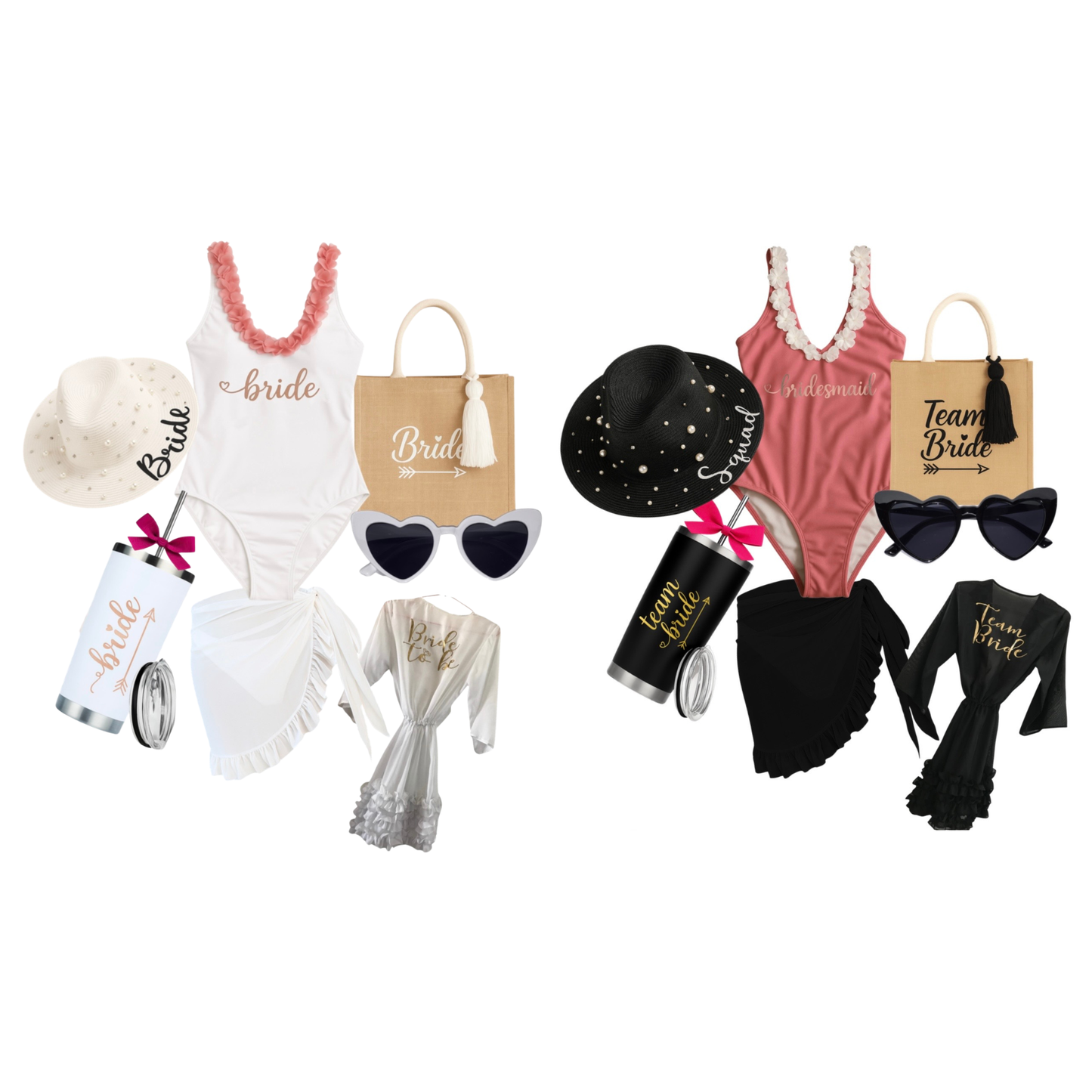 Kit de traje de baño, pareo o salida de baño, bolsa tote bag, sombrero, termo acero inoxidable y lentes.