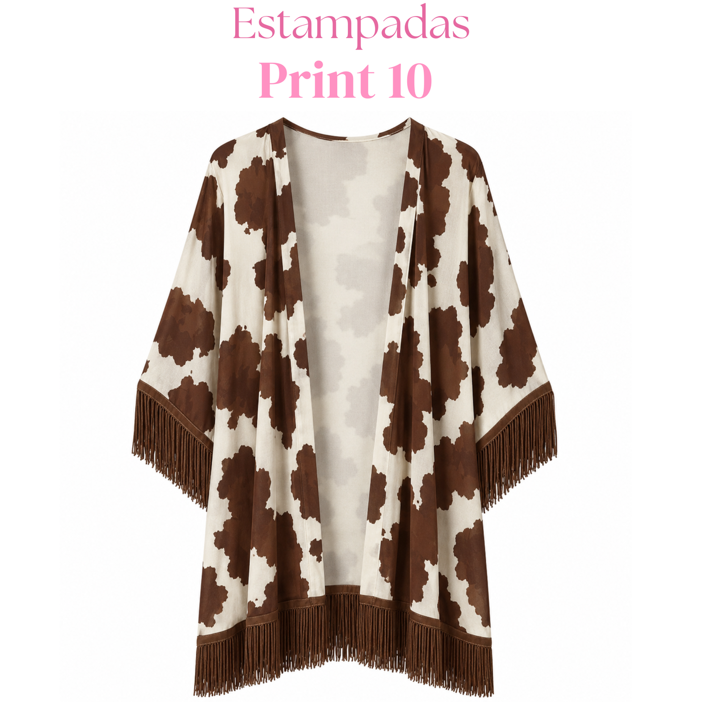 Salida de baño en kimono con o sin frase con flecos en mangas y bastilla.