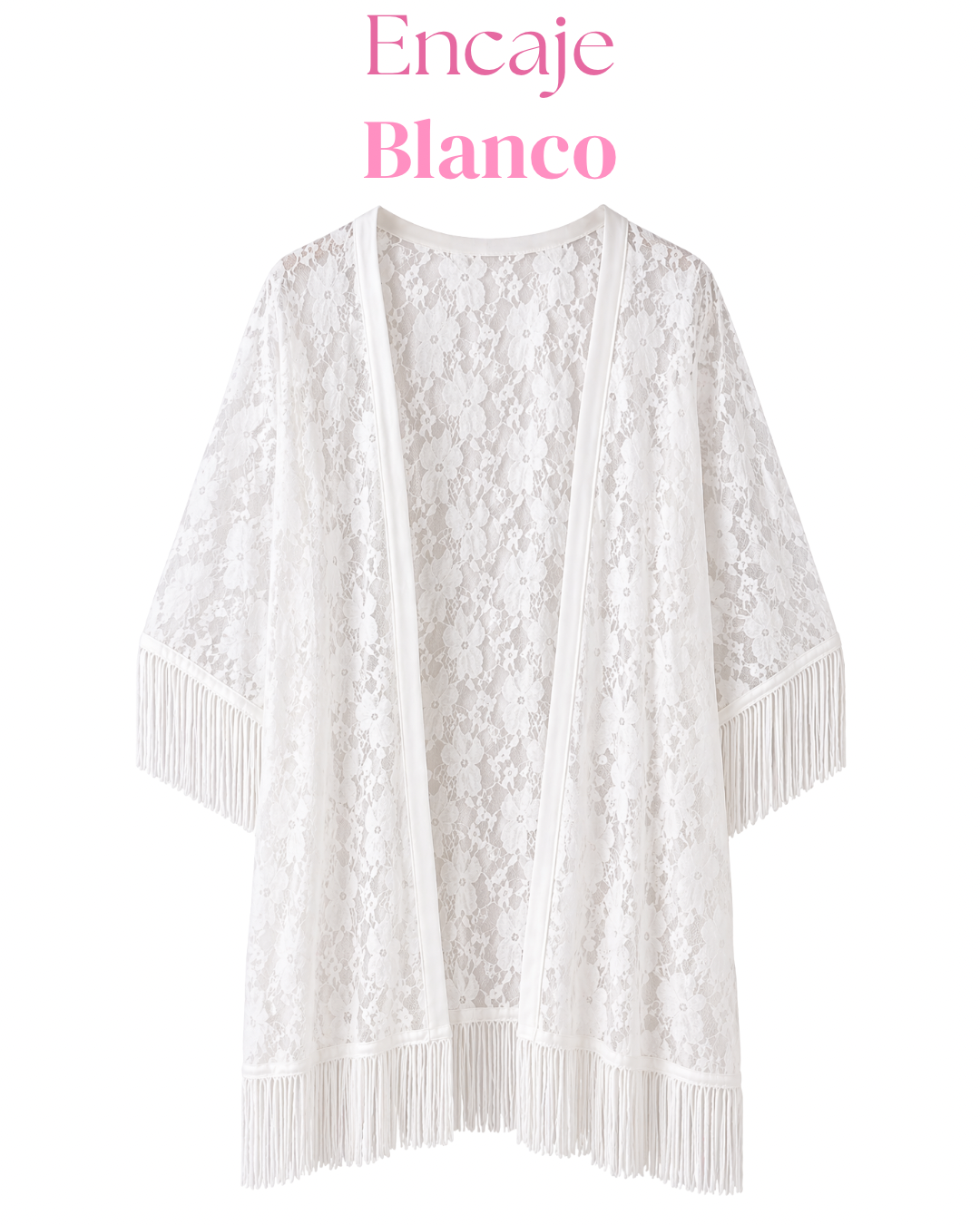 Salida de baño en kimono con o sin frase con flecos en mangas y bastilla.