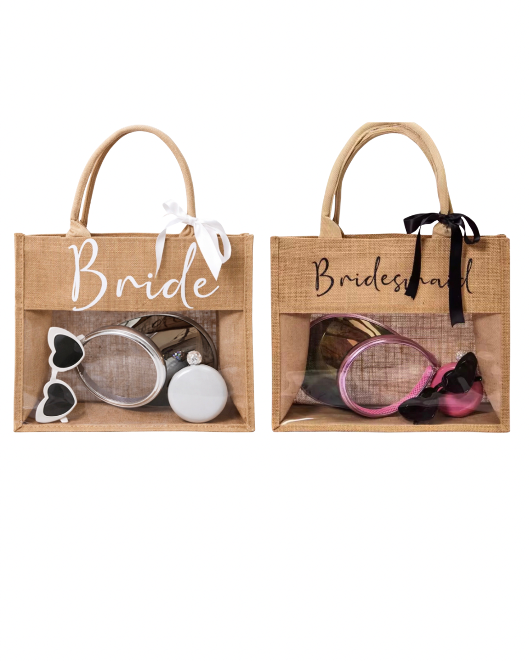 Bolsa tote bag de yute con transparencia enfrente con frase y listón de moño (no incluye accesorios).                                               Entrega de 15 a 20 días hábiles.