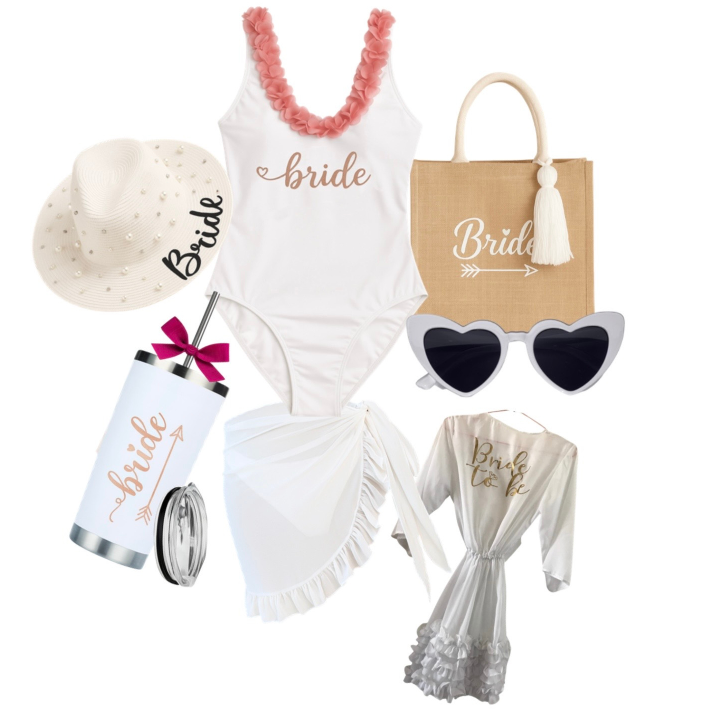 Kit de traje de baño, pareo o salida de baño, bolsa tote bag, sombrero, termo acero inoxidable y lentes.