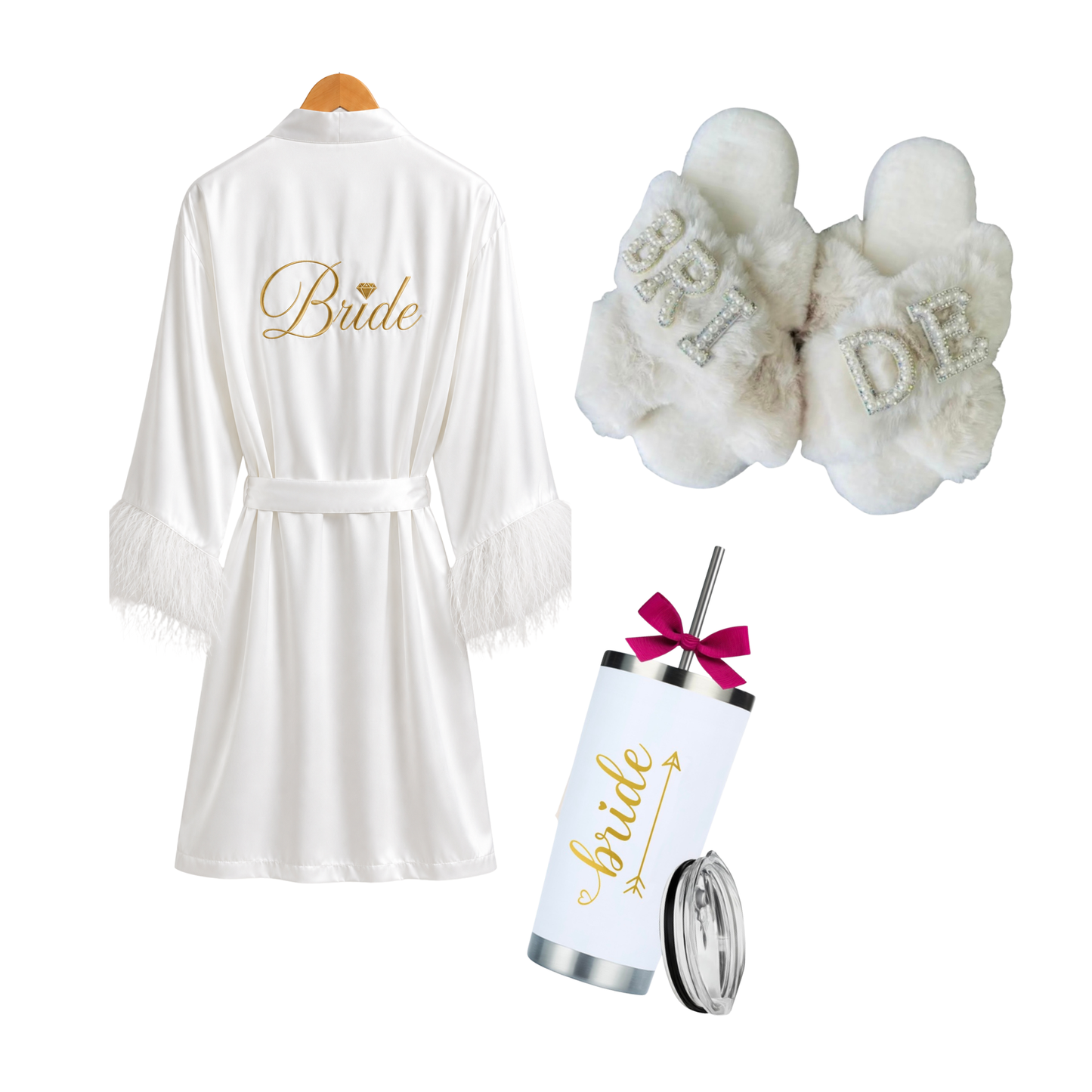 Kit de bata bordada con aplicación, pantunflas, termo acero inoxidable.