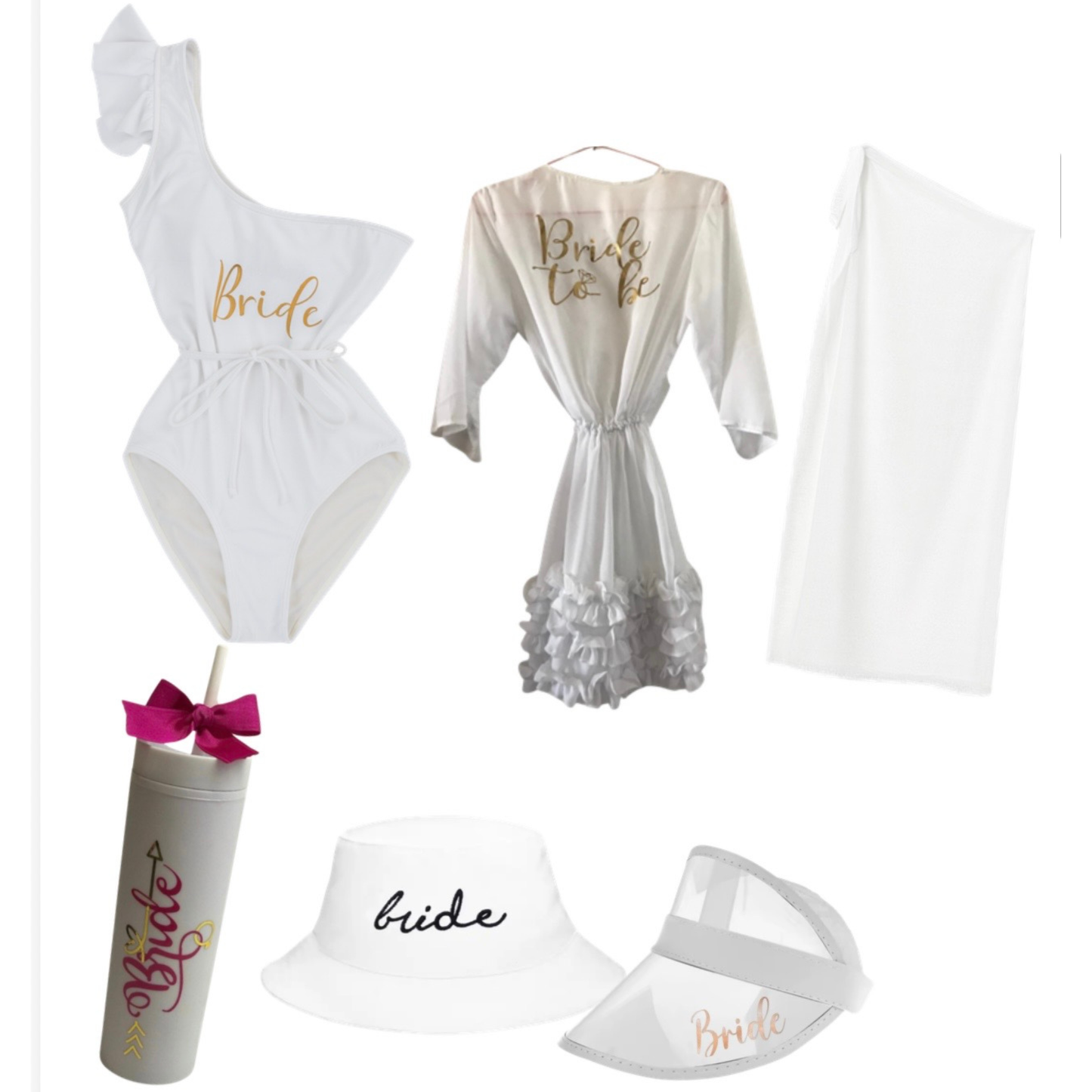 Kit de traje de baño, salida de baño o pareo, vaso acrílico y vicera o bouquet hat.
