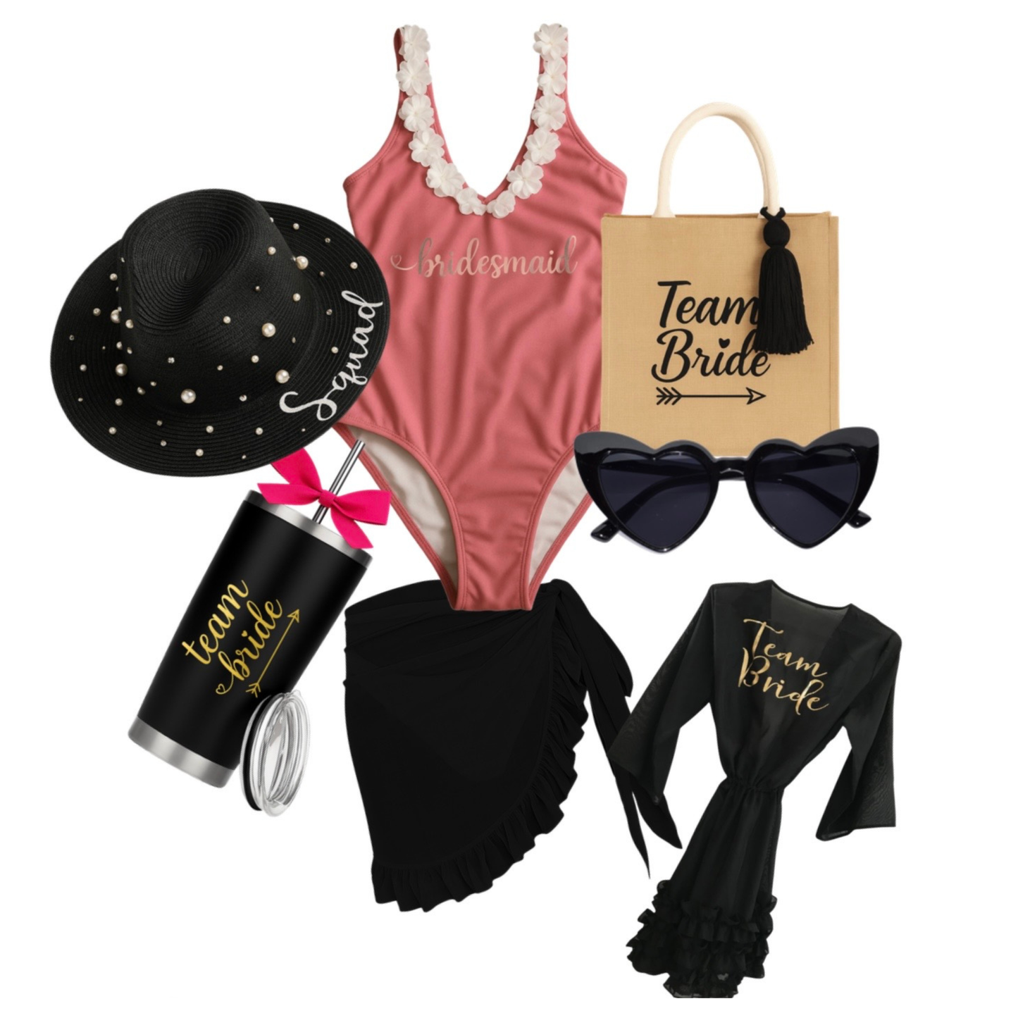 Kit de traje de baño, pareo o salida de baño, bolsa tote bag, sombrero, termo acero inoxidable y lentes.
