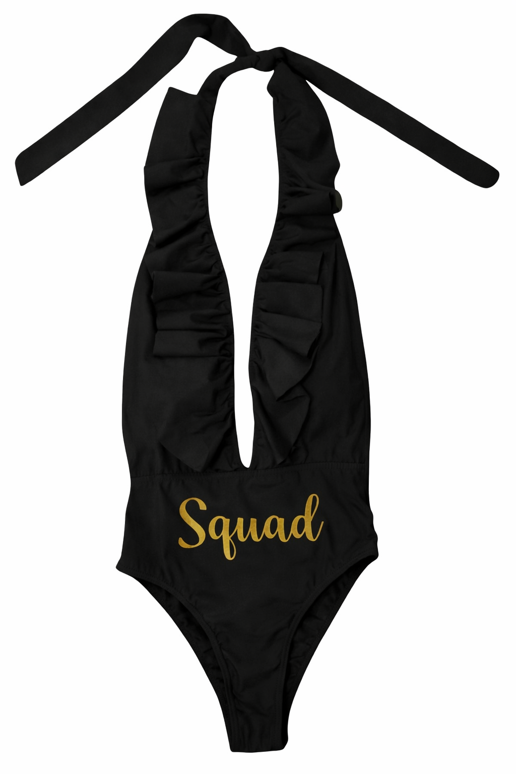 Traje de baño en trikini halter sin espalda con escote pronunciado con olanes y resaque en pompa.                                                           Entrega 2 a 5 días hábiles.