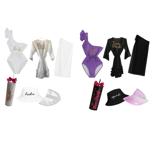 Kit de traje de baño, salida de baño o pareo, vaso acrílico y vicera o bouquet hat.