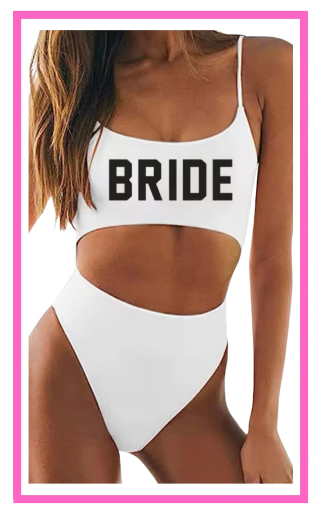 ENTREGA DE 15 A 20 DÍAS HÁBILES. Swimsuit blanco con abierta en abdomen y tirantes delgados de frase BRIDE negro.