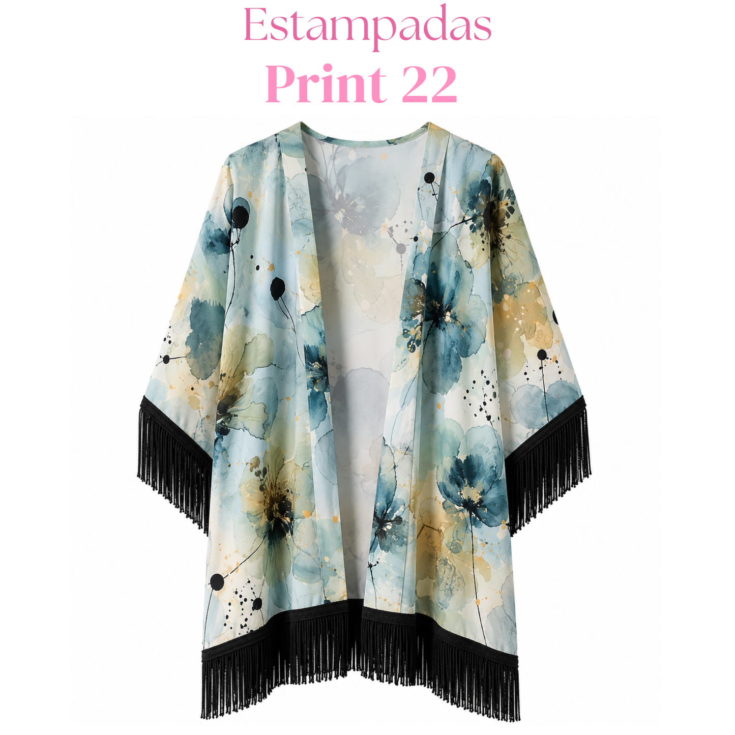 Salida de baño en kimono con o sin frase con flecos en mangas y bastilla.