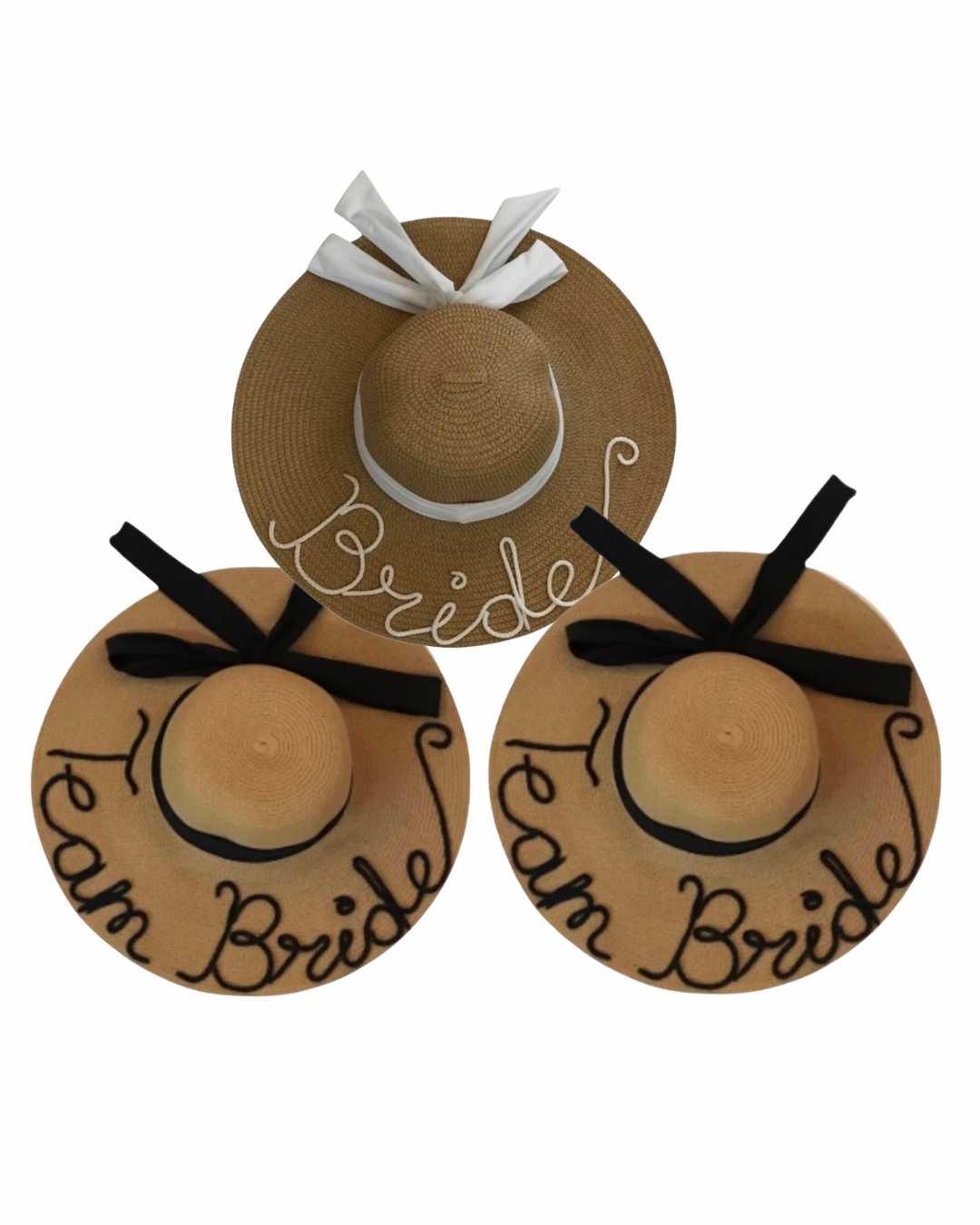 Sombrero playero de ala ancha con listón con moño en el centro y frase a mano de cordón.