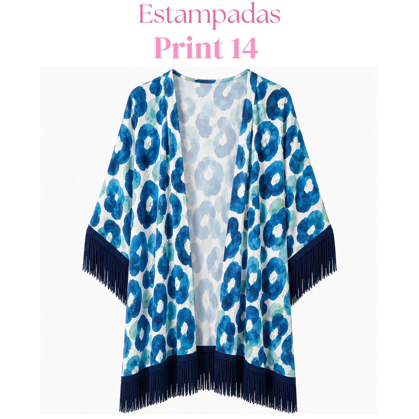 Salida de baño en kimono con o sin frase con flecos en mangas y bastilla.