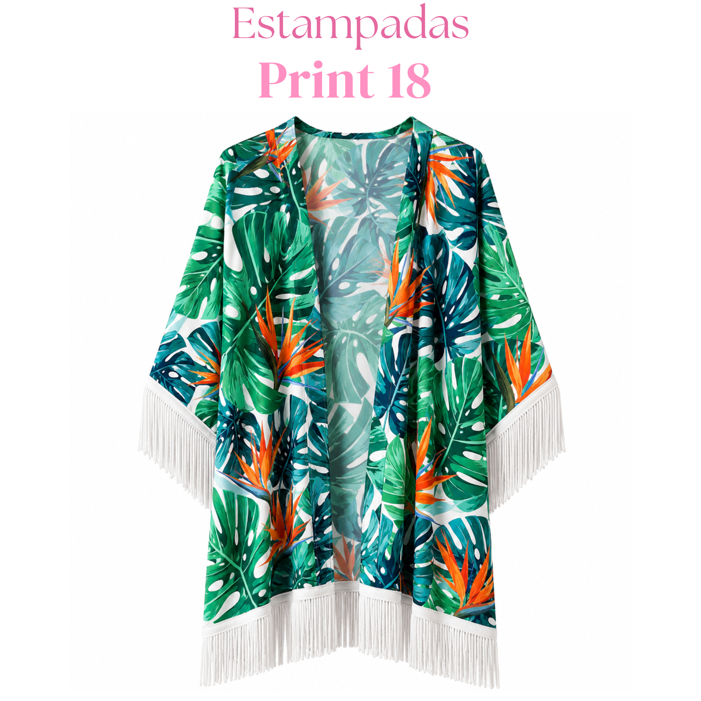 Salida de baño en kimono con o sin frase con flecos en mangas y bastilla.
