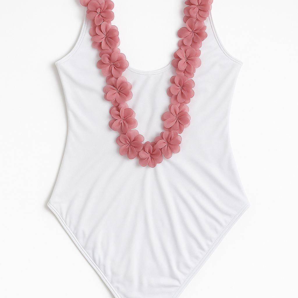 Traje de baño clásico con escote a media espalda y aplicación de flores en frente y espalda.