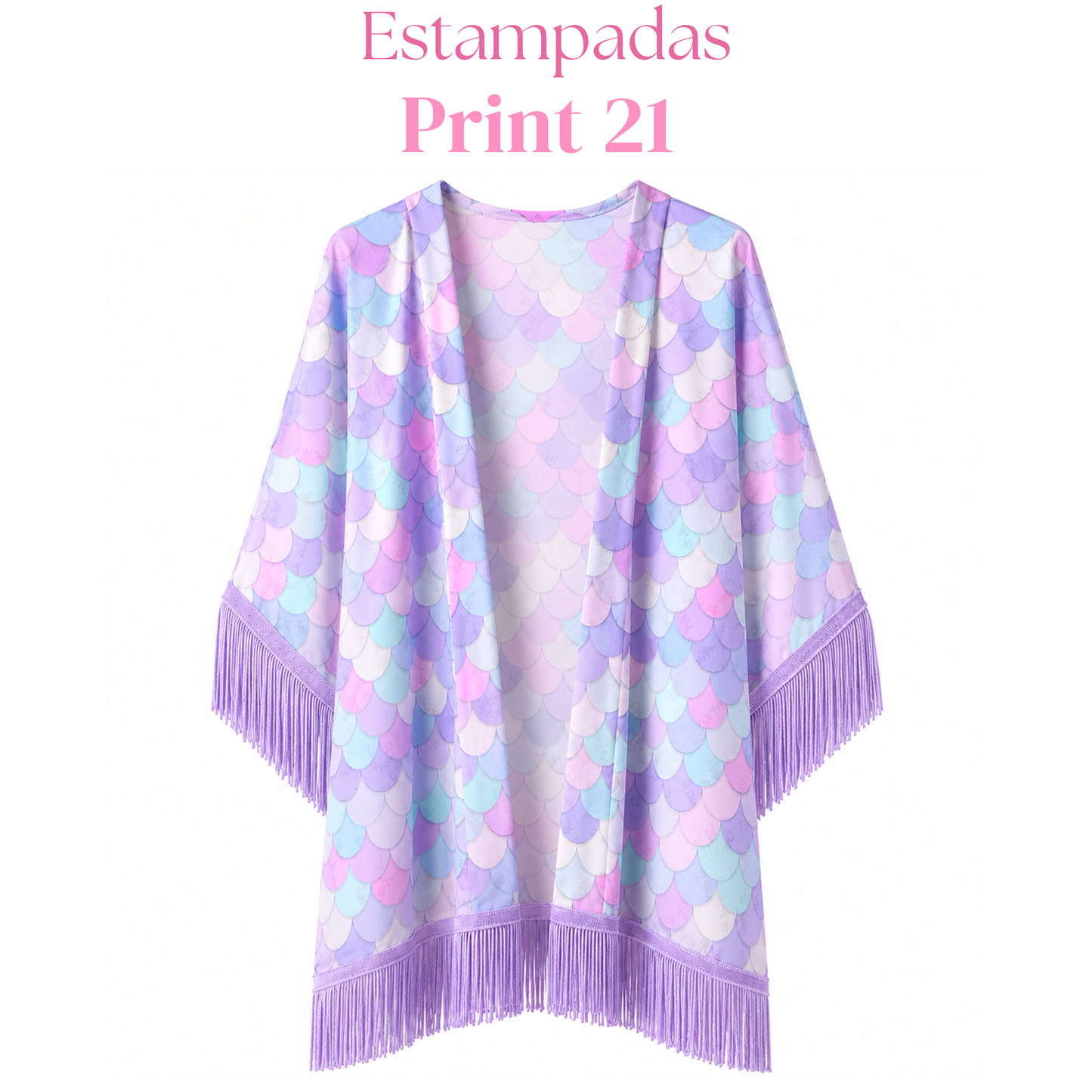 Salida de baño en kimono con o sin frase con flecos en mangas y bastilla.