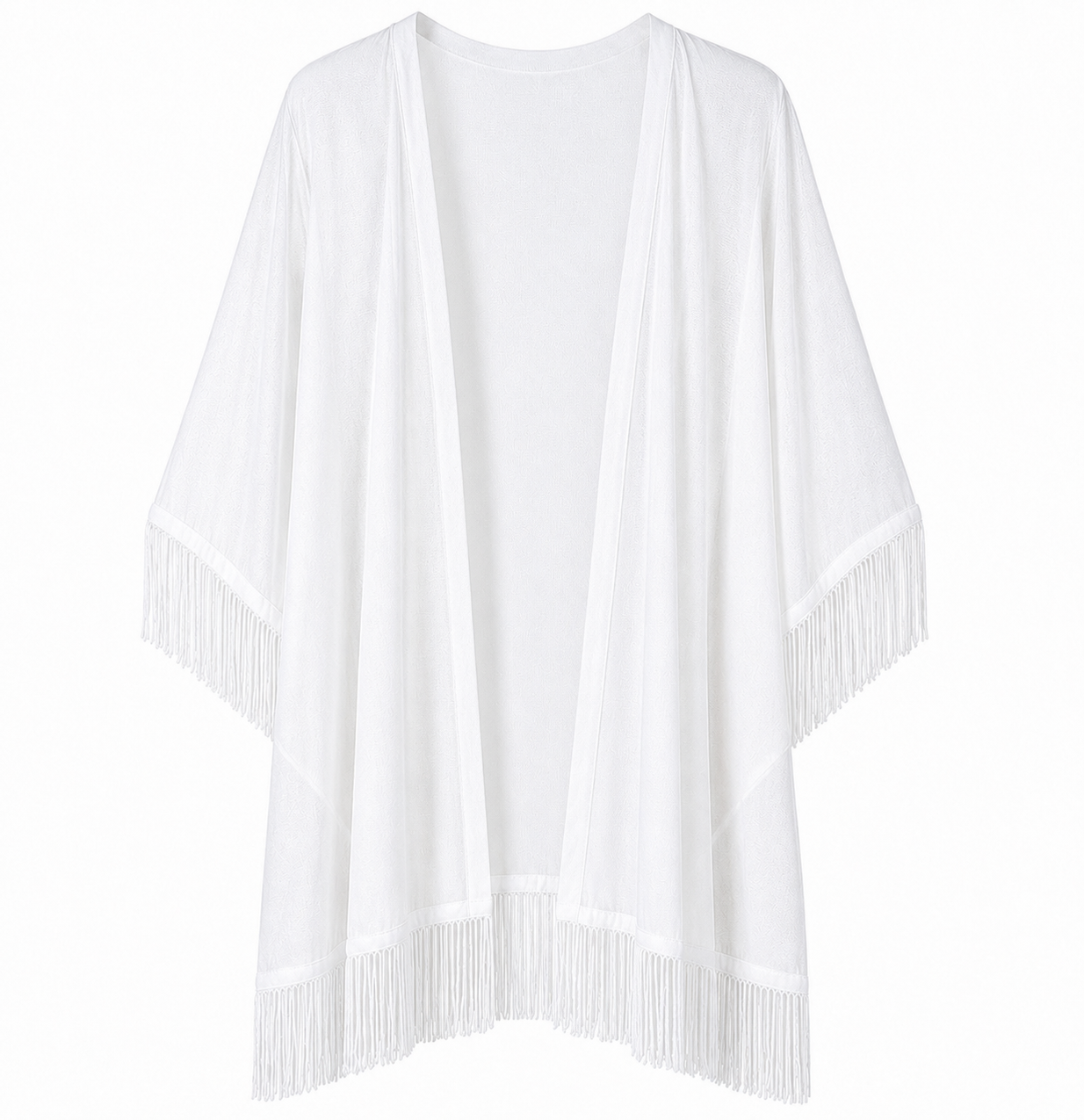Salida de baño en kimono con o sin frase con flecos en mangas y bastilla.