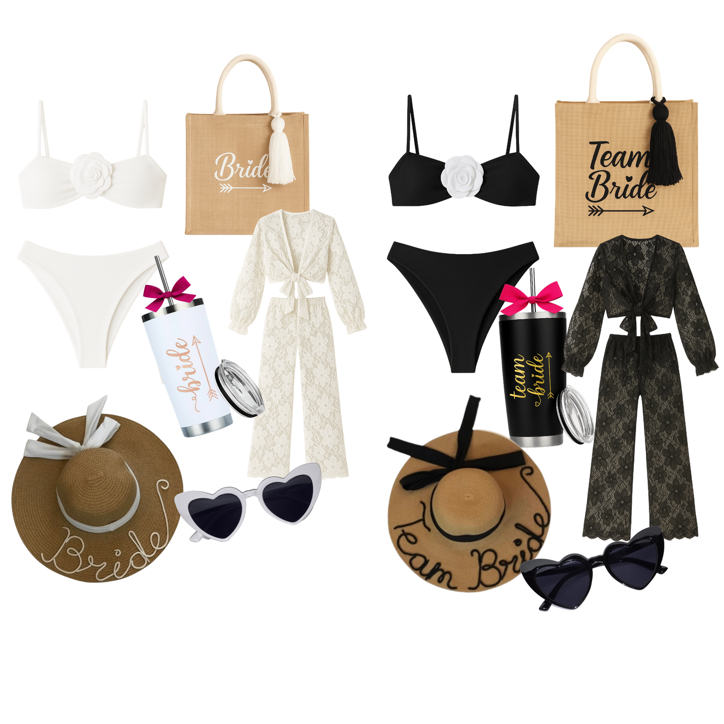 Kit de traje de baño, conjunto, bolsa tote bag, sombrero, termo acero inoxidable y lentes.