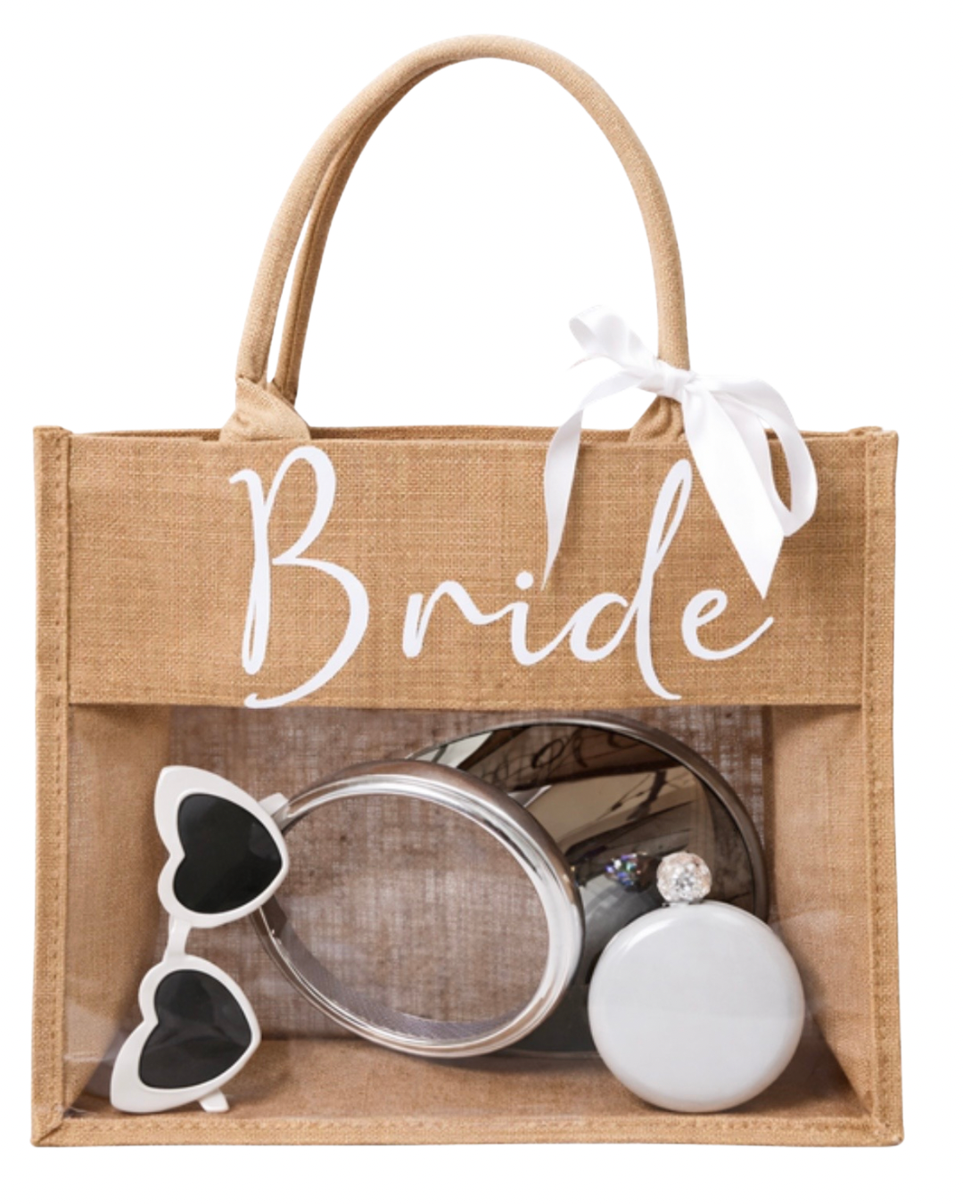 Bolsa tote bag de yute con transparencia enfrente con frase y listón de moño (no incluye accesorios).                                               Entrega de 15 a 20 días hábiles.