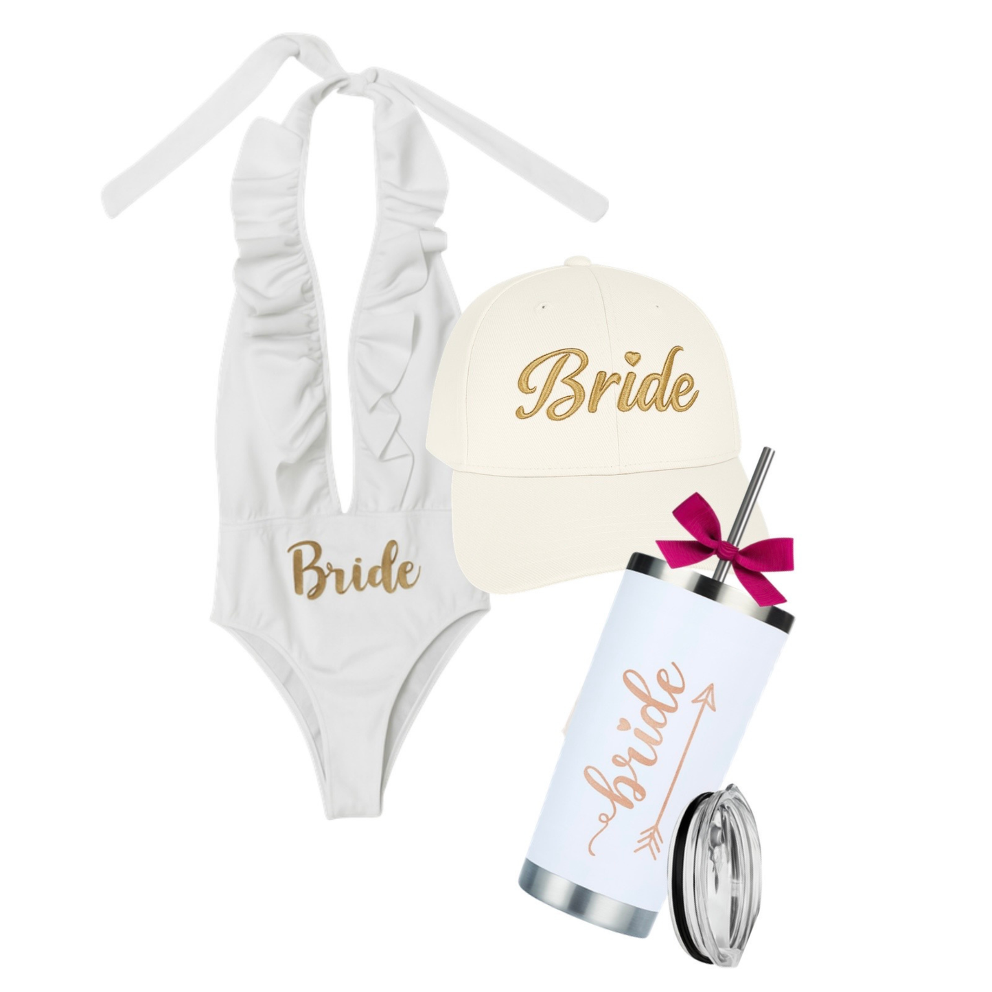 Kit de traje de baño, gorra bordada y termo acero inoxidable.