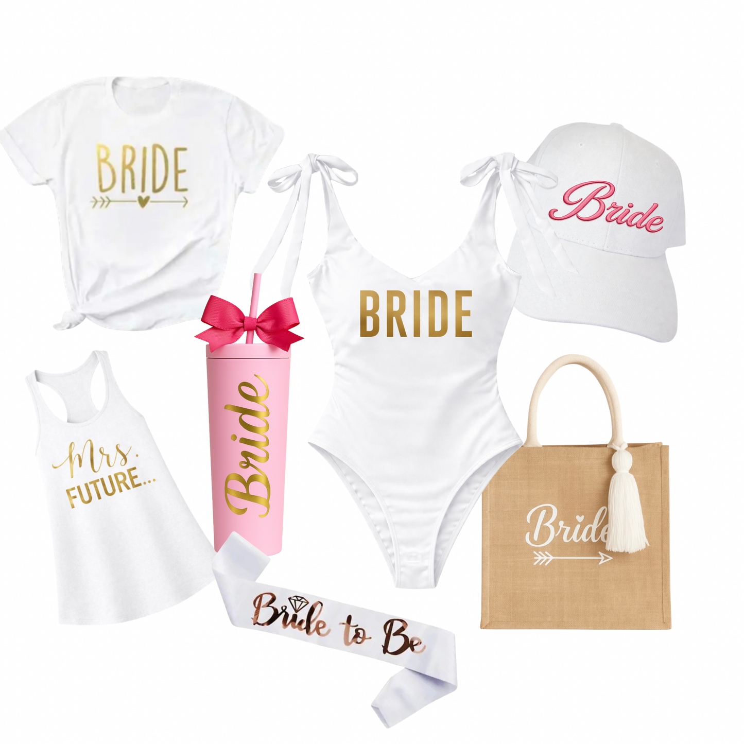 Kit de traje de baño, playera o tantop, bolsa tote bag, gorra bordada, vaso acrílico y banda.