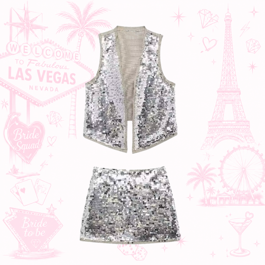 Temática Vegas. Conjunto de chaleco y mini de lentejuelas.                                Entrega de 15 a 20 días hábiles.