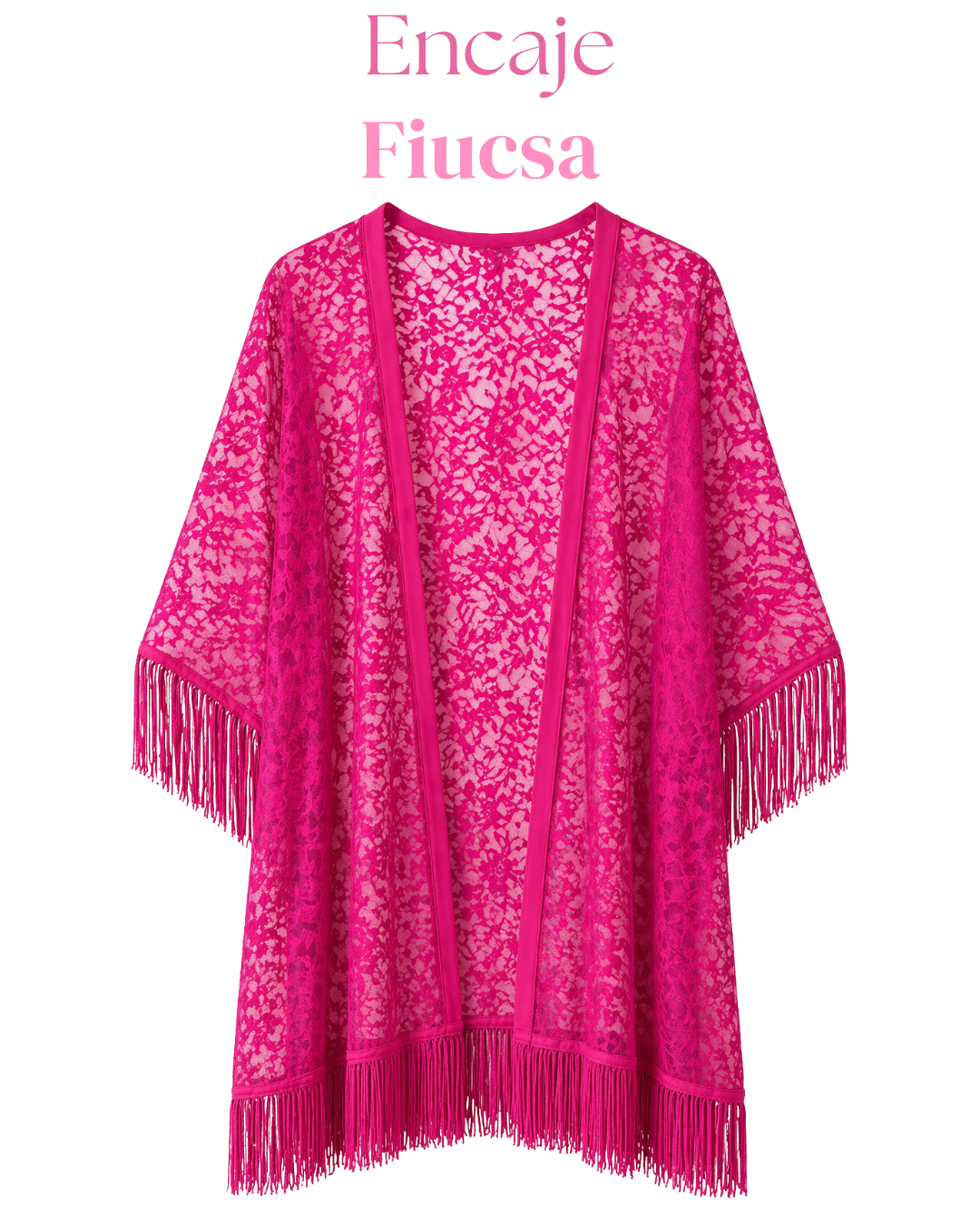 Salida de baño en kimono con o sin frase con flecos en mangas y bastilla.