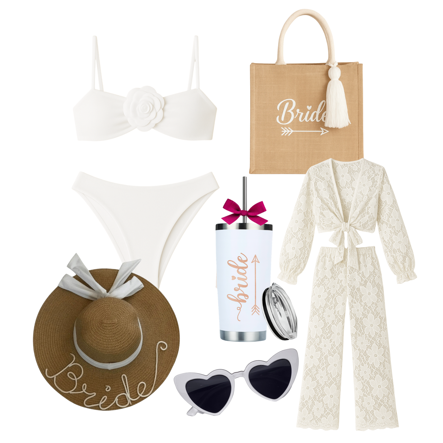 Kit de traje de baño, conjunto, bolsa tote bag, sombrero, termo acero inoxidable y lentes.
