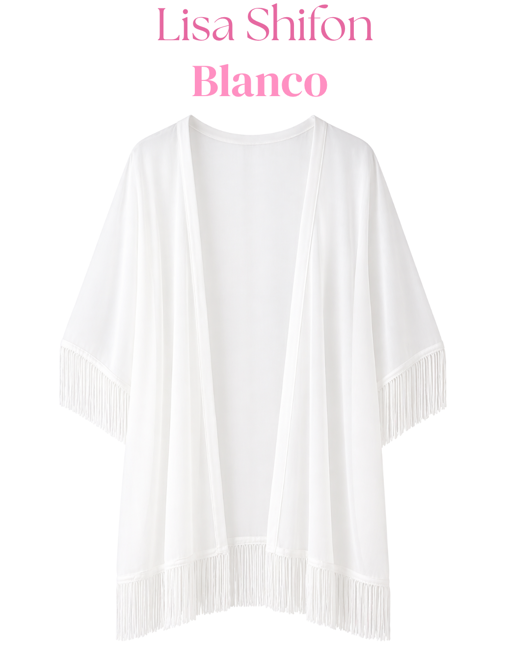 Salida de baño en kimono con o sin frase con flecos en mangas y bastilla.