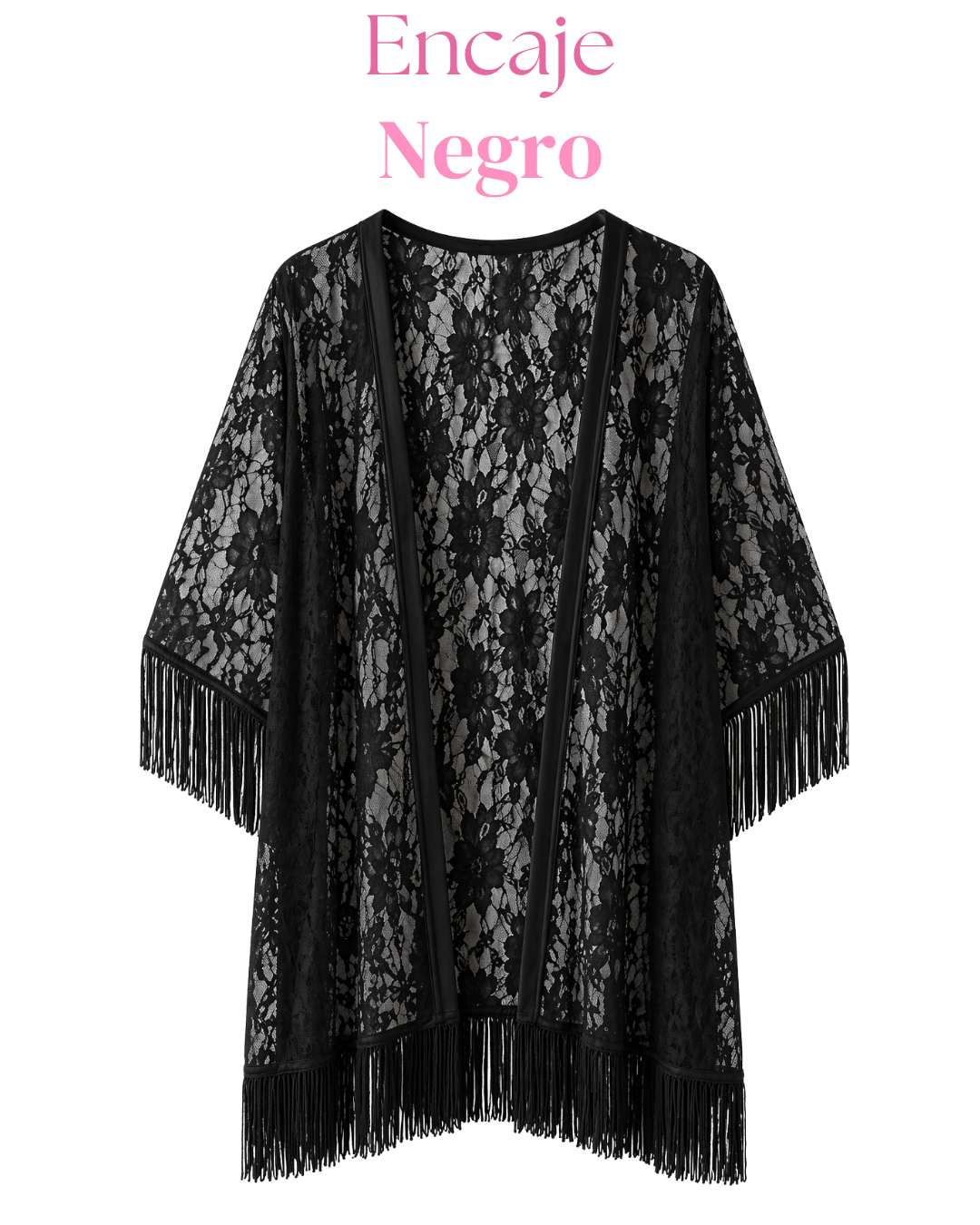 Salida de baño en kimono con o sin frase con flecos en mangas y bastilla.