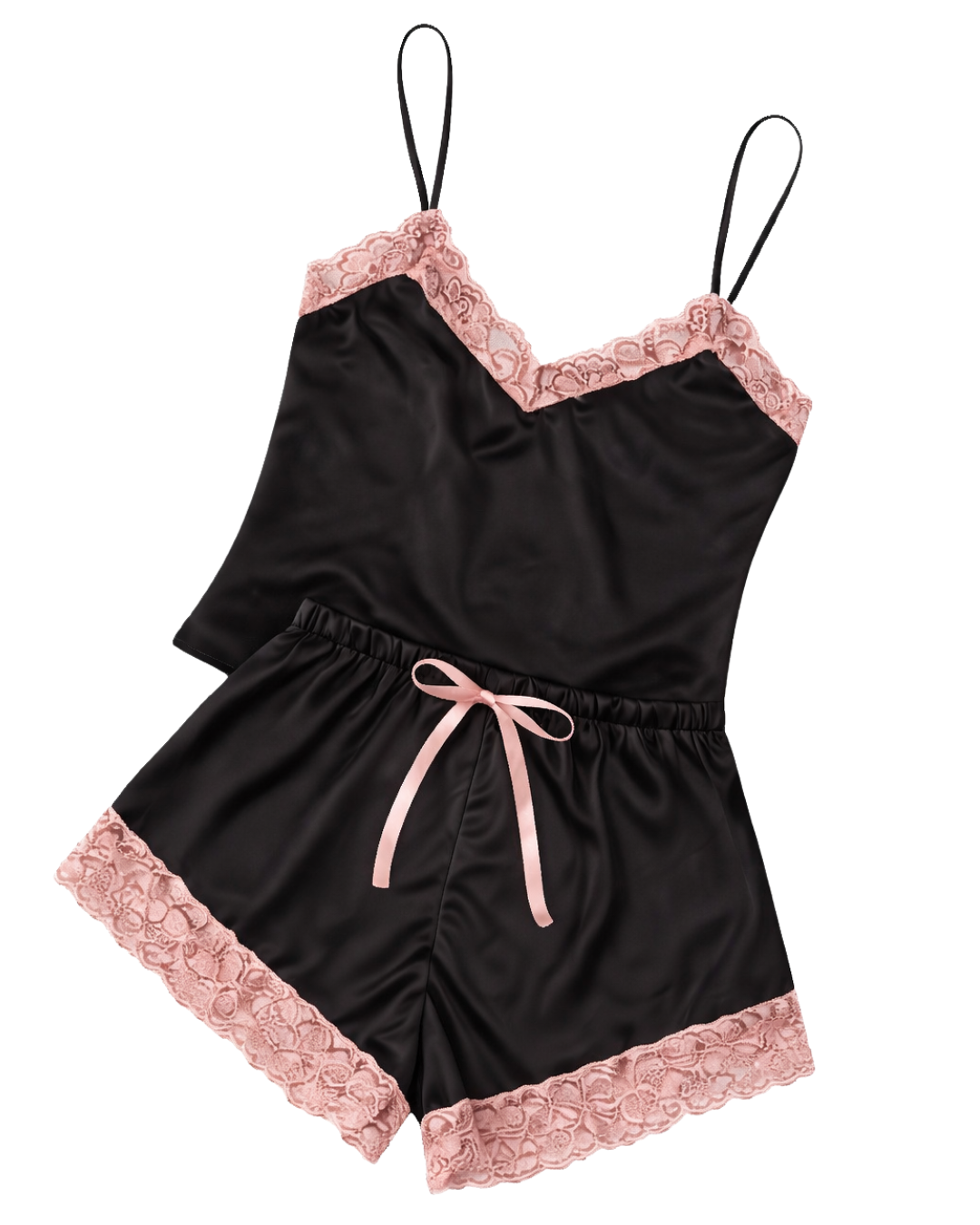 Pijama de satín de blusa de tirantes y short con encaje en orillas y listón de moñito en cintura.                                     Entrega de 2 a 5 días hábiles.