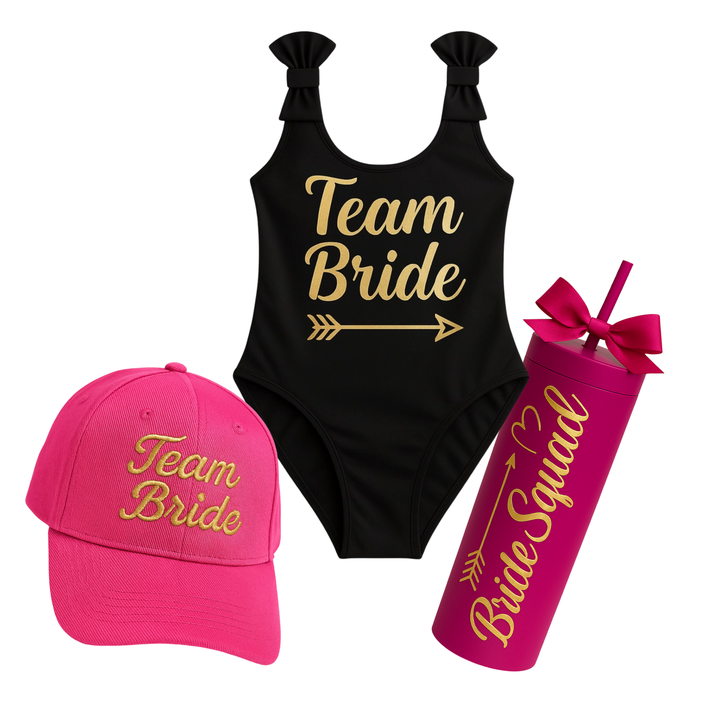 Kit de traje de baño, gorra bordada y vaso acrílico.
